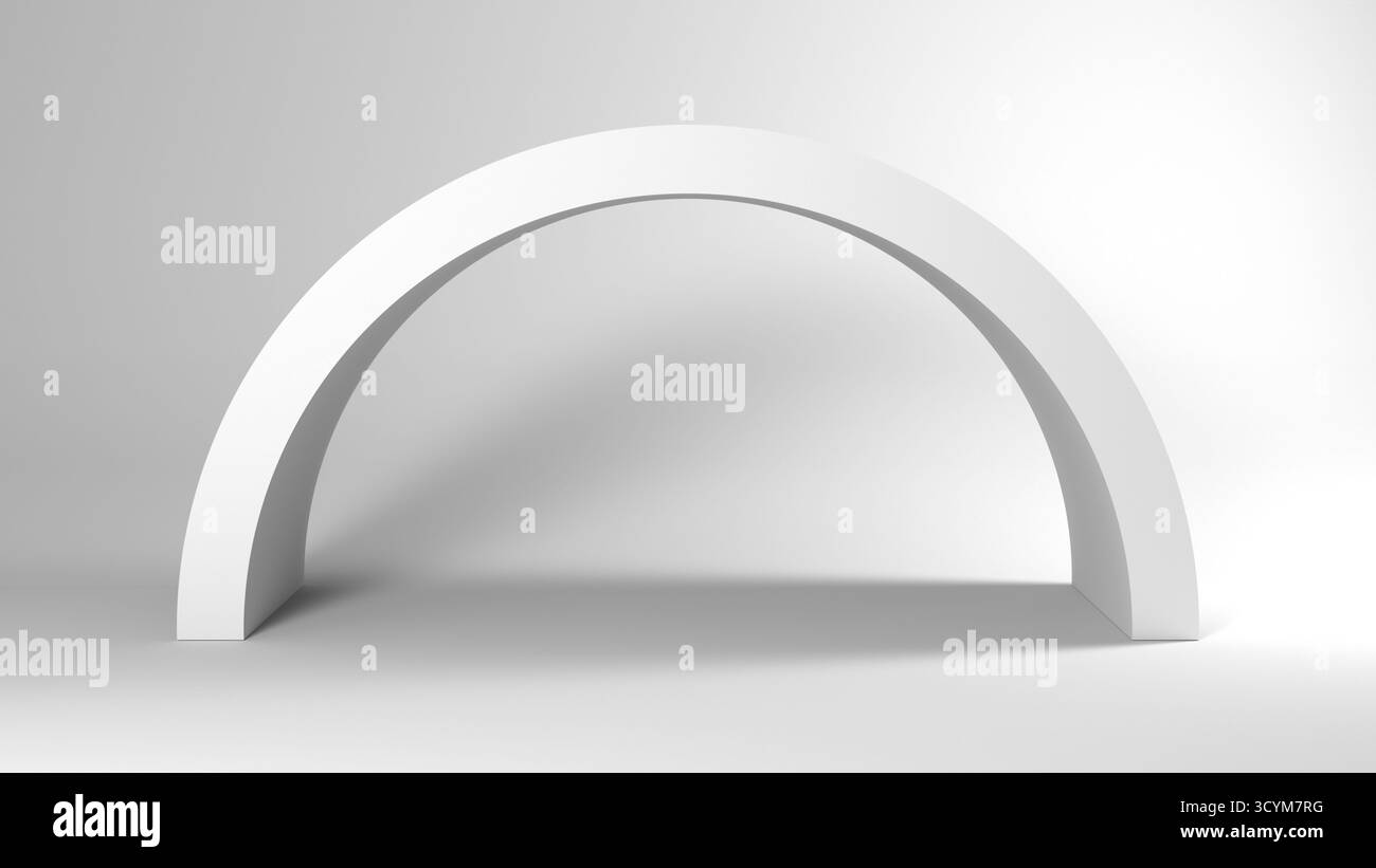 Une sculpture en arc blanche et épurée aux courbes lisses forme un demi-cercle doux dans un studio minimal. Les ombres douces et la toile de fond neutre soulignent la balance Banque D'Images