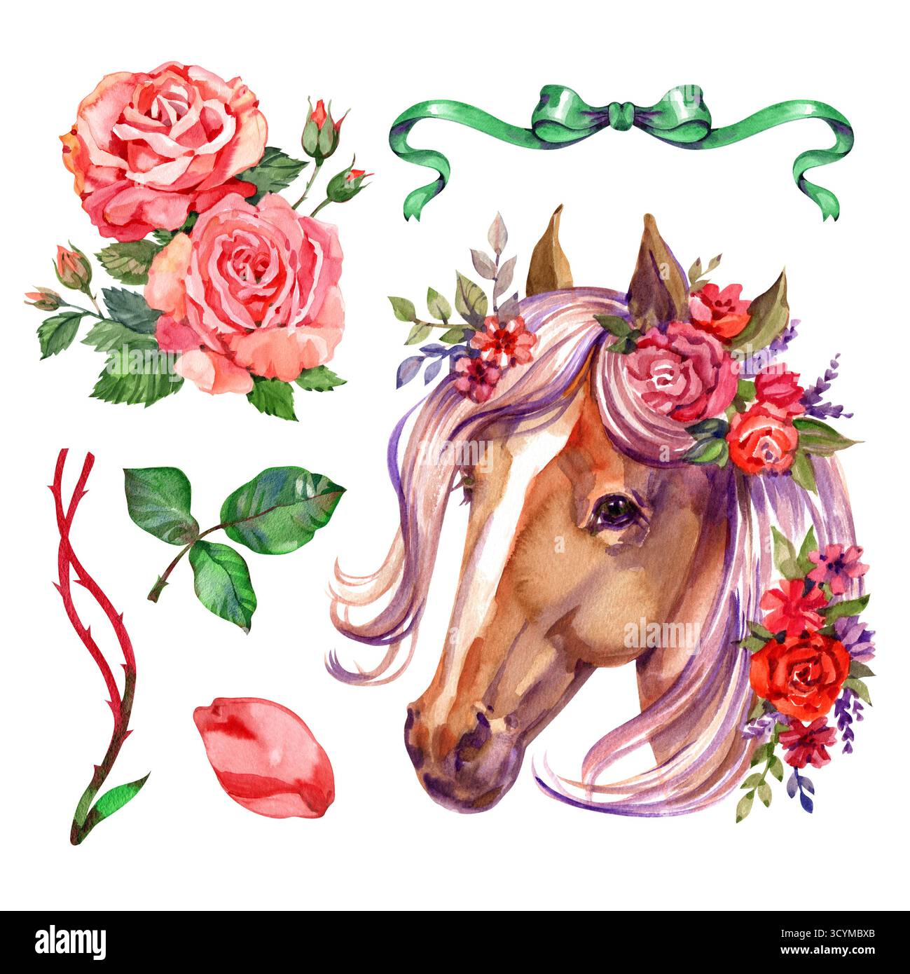 Ensemble romantique de conte de fées avec fleurs de rose, rubans et cheval. Parfait pour mariage, anniversaire, bouquet, invitations, logos, douche de bébé Banque D'Images