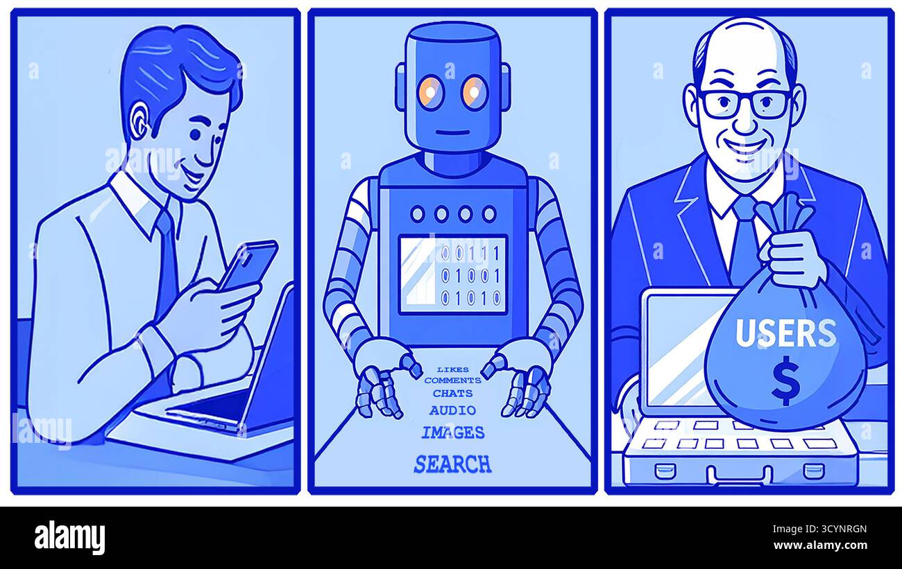 Une illustration conceptuelle de dessin animé montre comment les données personnelles circulent, une personne sur leur téléphone, une machine géante traitant l'information, et des hommes d'affaires Banque D'Images