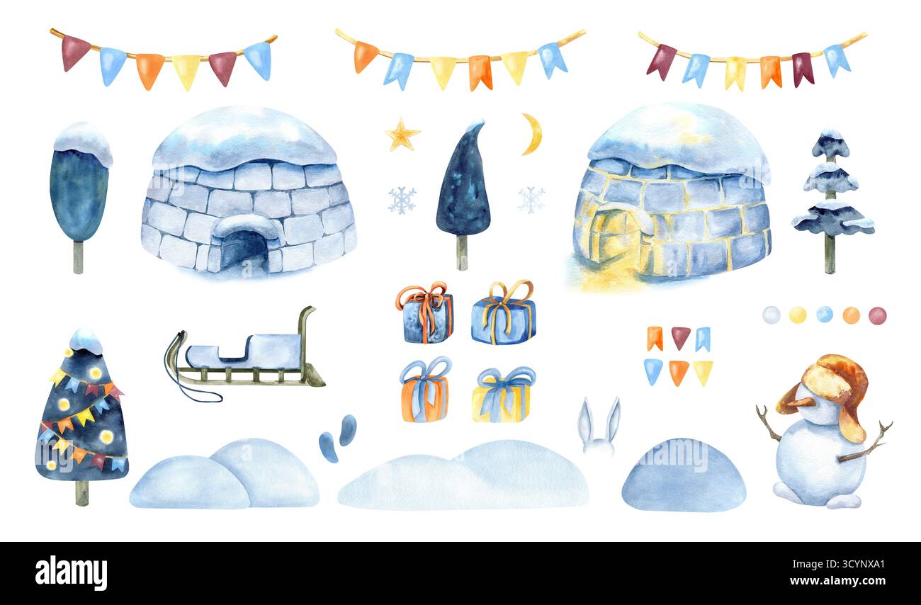Ensemble d'objets de Noël igloo, guirlande de drapeau festif, bonhomme de neige, boîte cadeau, traîneau, arbre décoré, déneigement. Éléments enneigés du nouvel an. Clip art isolé Banque D'Images