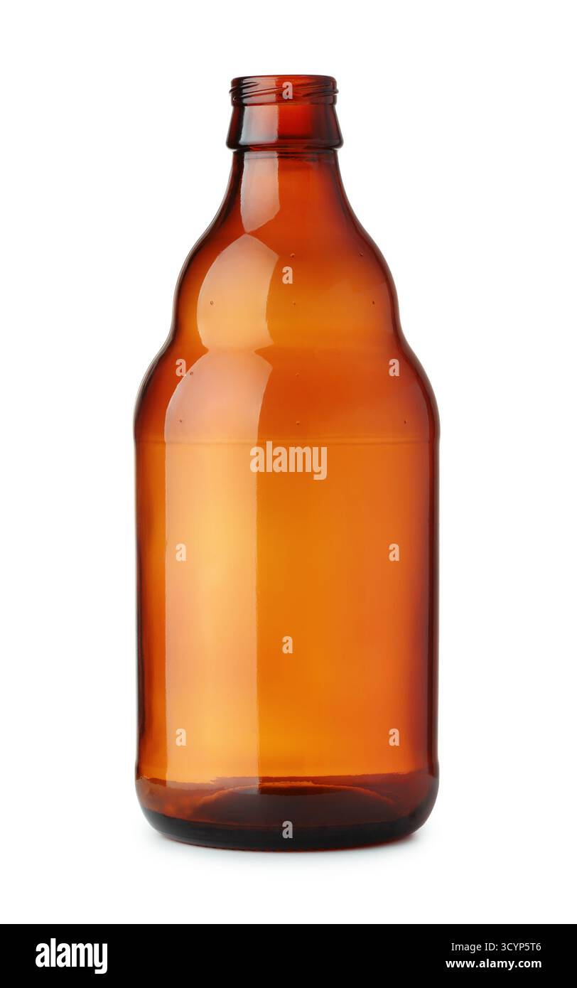 Vue avant de la bouteille de bière en verre marron vide isolée sur du blanc Banque D'Images