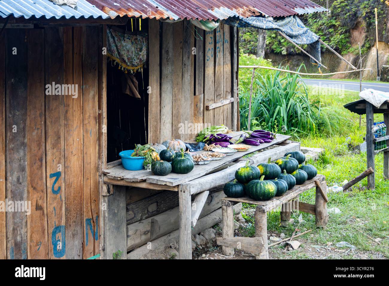 Un petit hangar en bord de route vendant des légumes frais. Île Flores, Indonésie. Banque D'Images