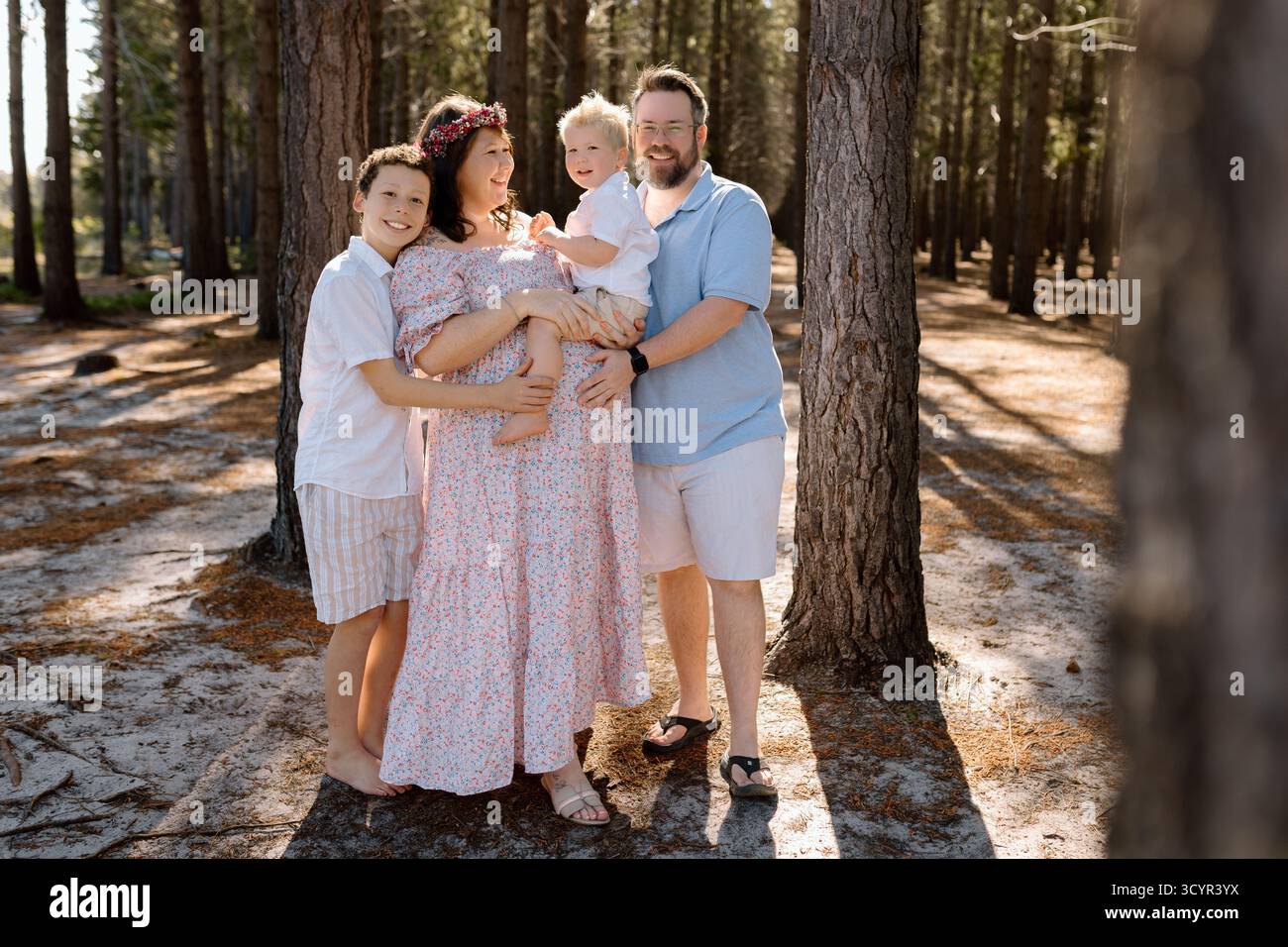 Photos de maternité familiale dans une forêt Banque D'Images