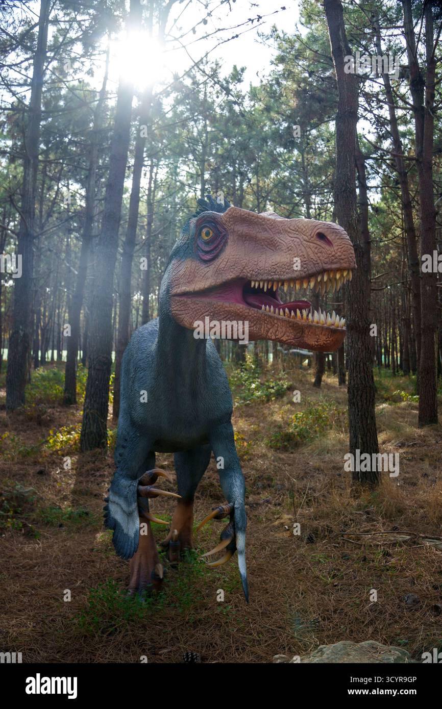 Sculpture grandeur nature de l'Utahraptor au parc à thème Dino Parque Dinosaur à Lourinhã, Portugal, Europe Banque D'Images