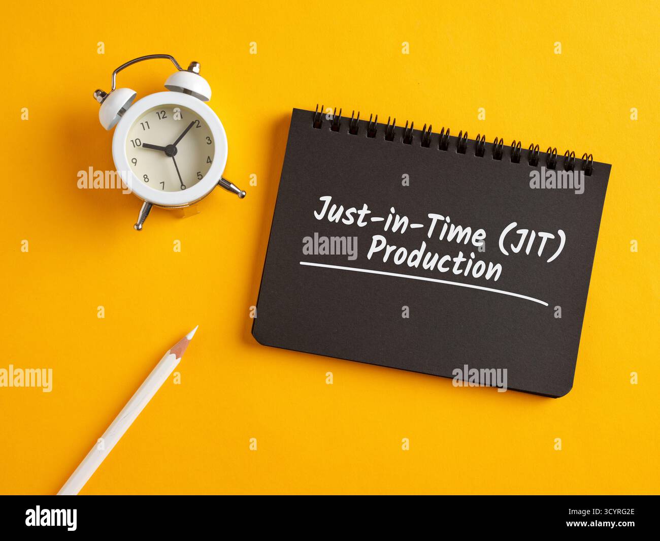 Stratégie de production Just-in-Time (jit) écrite sur un bloc-notes avec un crayon et un réveil Banque D'Images