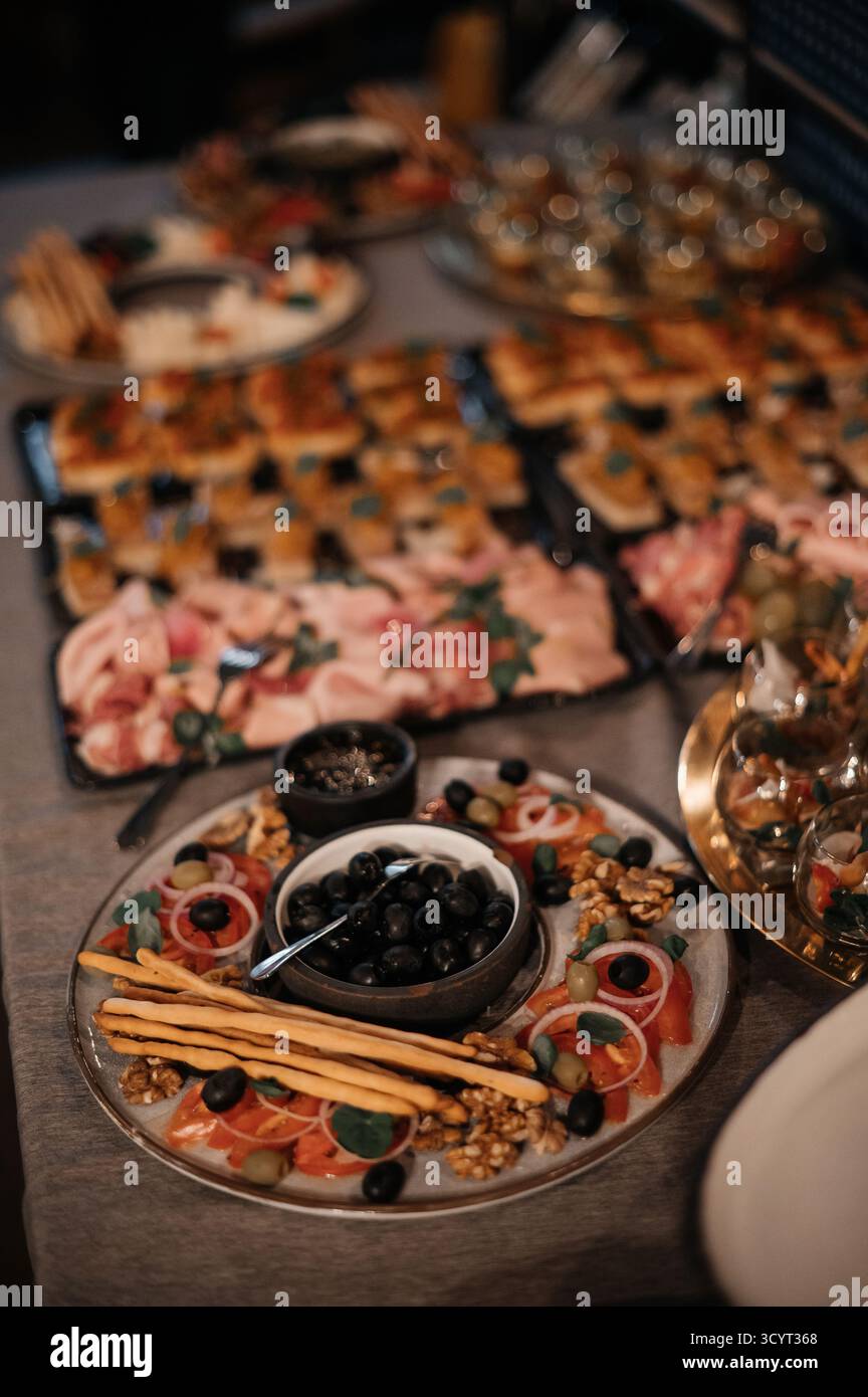 Plateau de charcuterie assorti avec viandes, fromages, olives et gressins. Banque D'Images