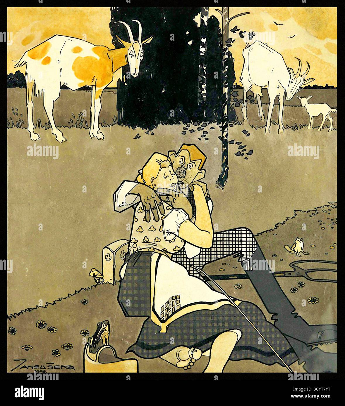 František Janoušek - les amoureux - 1906 - L'image représente un homme et une femme dans une étreinte, embrassant, tandis que plusieurs chèvres sont vues dans le fond. L'œuvre a été classée comme une illustration de la série Idyll. Banque D'Images