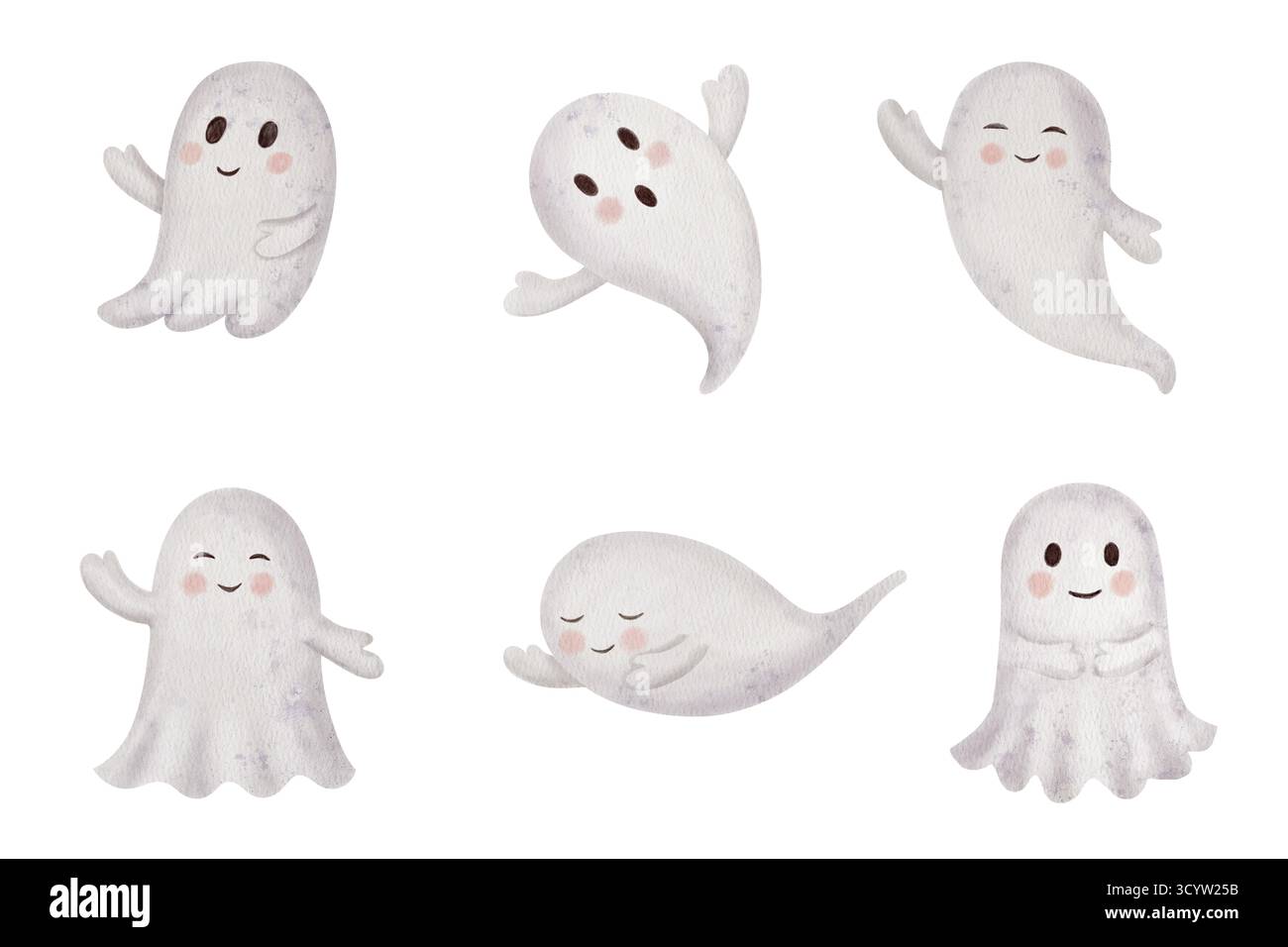Ensemble de fantômes mignons. Aquarelle peinte à la main adorable élément de conception d'Halloween pour la carte d'enfants, la fête, ou l'illustration effrayante, pour le décor d'enfants et l'automne Banque D'Images