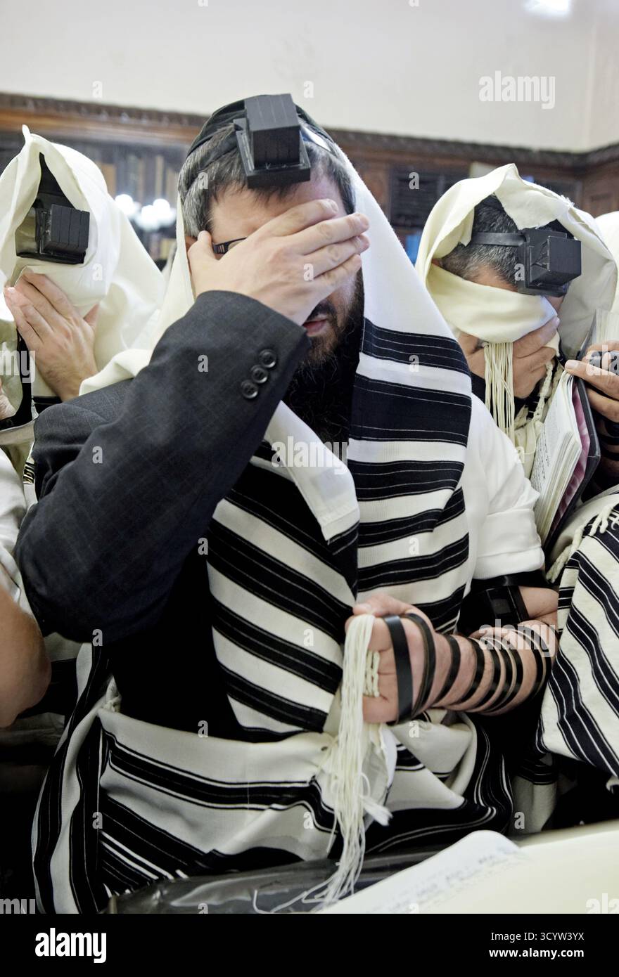 Un rabbin Chabad portant du tefillin et un tallis et récitant la prière Shema dans une synagogue à Crown Heights, Brooklyn, New York. Banque D'Images