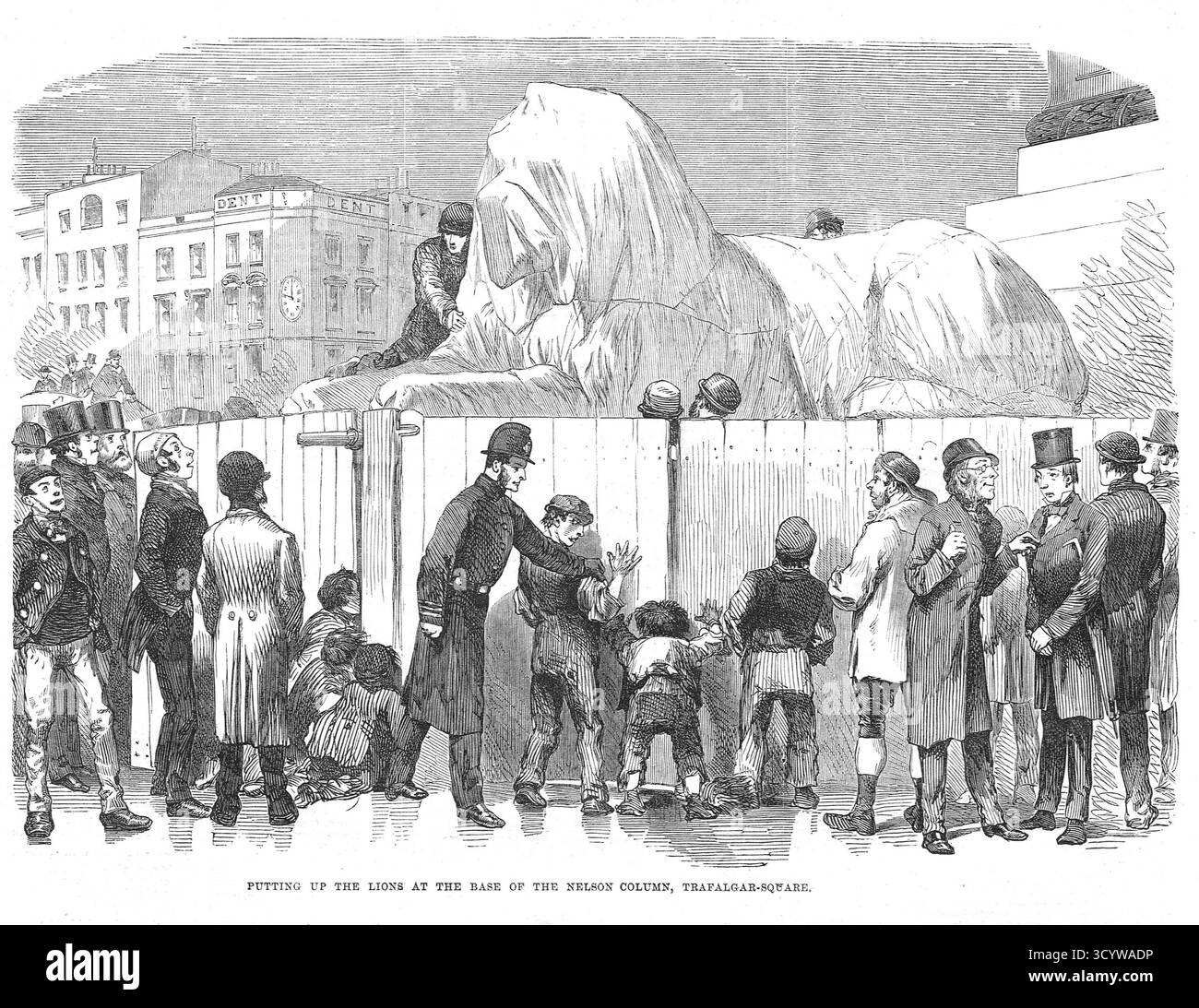 Installer les lions à la base de la colonne Nelson, Trafalgar Square, Londres, 1867 Banque D'Images