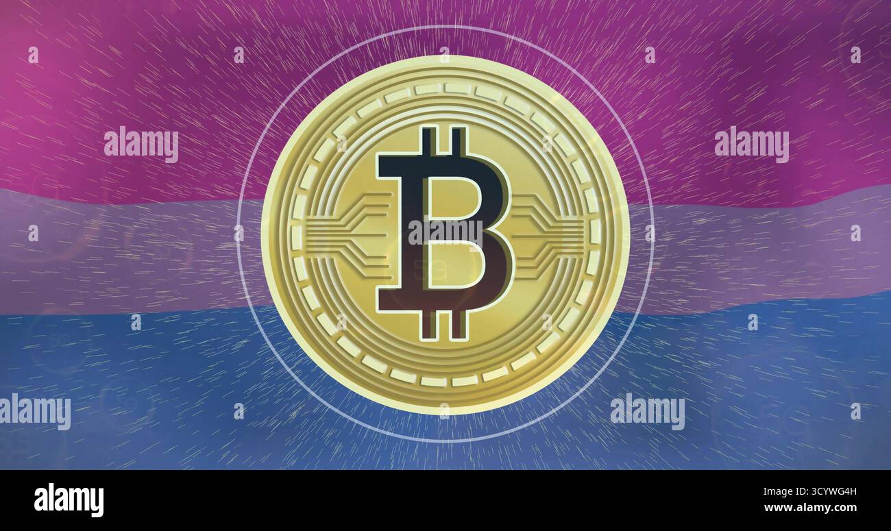 Shining Golden Bitcoin pièces de circuits rayonnant des motifs sur des bandes de drapeau bisexuels, avec des anneaux Banque D'Images