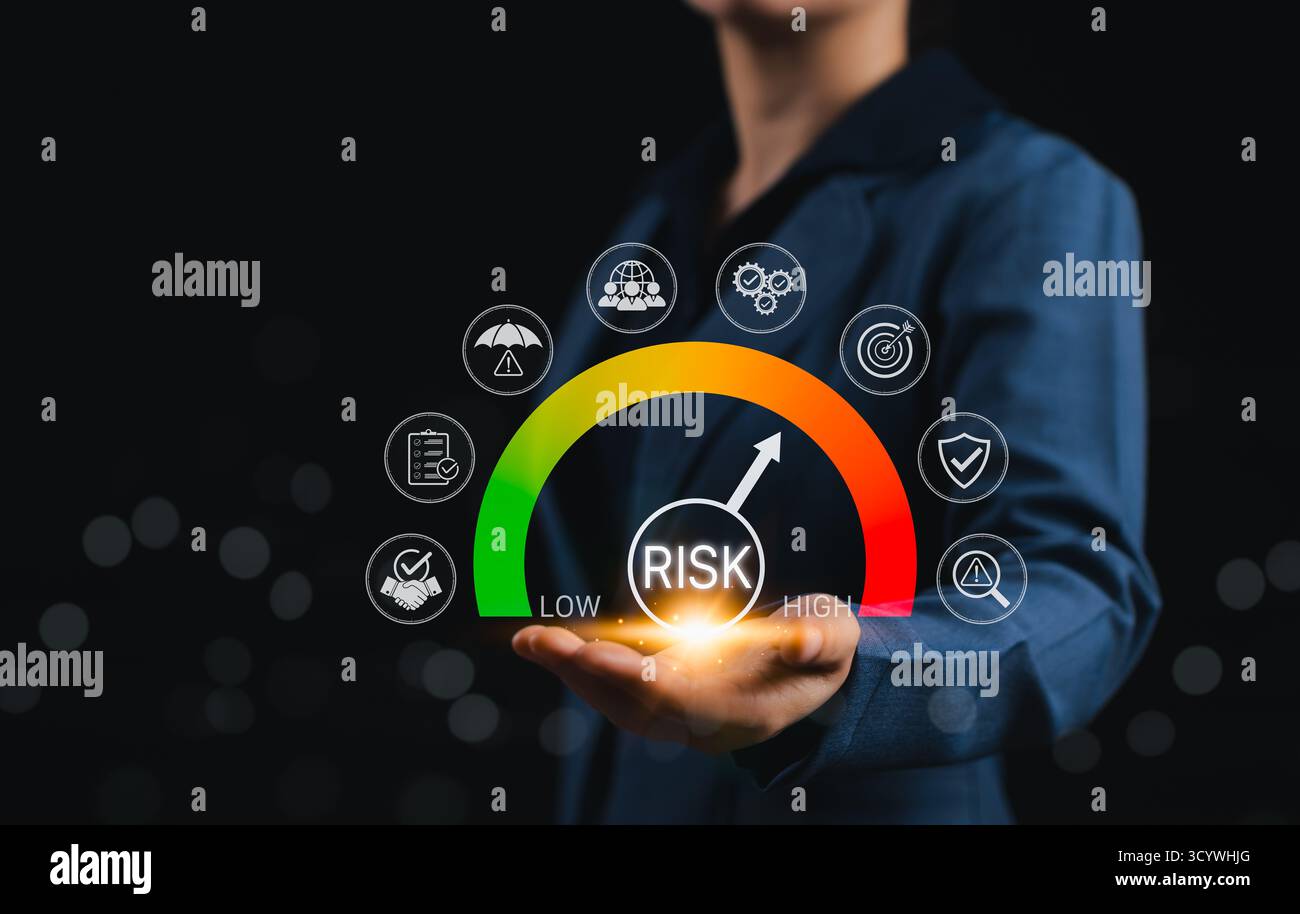 Indicateur de performance de l'évaluation des risques et de la gestion. Indicateur du niveau de risque de faible à élevé, évaluation du rendement, analyse, planification stratégique Banque D'Images