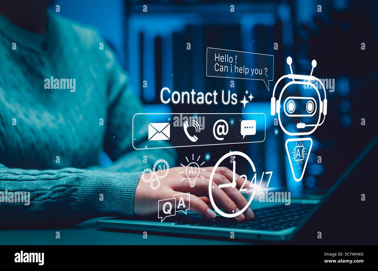 Concept de support de contact AI chatbot. Personne tapant sur ordinateur portable avec icônes d'assistant virtuel, représentant le service à la clientèle 24/7, l'automatisation, l'assistance Banque D'Images