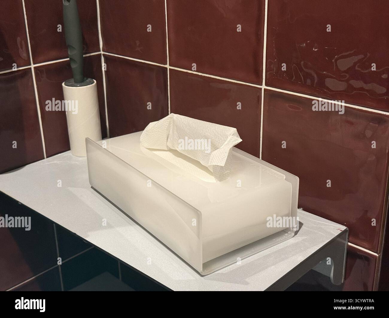 Boîte à mouchoirs et rouleau à peluches sur étagère avec mur carrelé rouge à l'intérieur de la salle de bain. Organisation propre, hygiène et simplicité moderne dans le ménage quotidien Banque D'Images