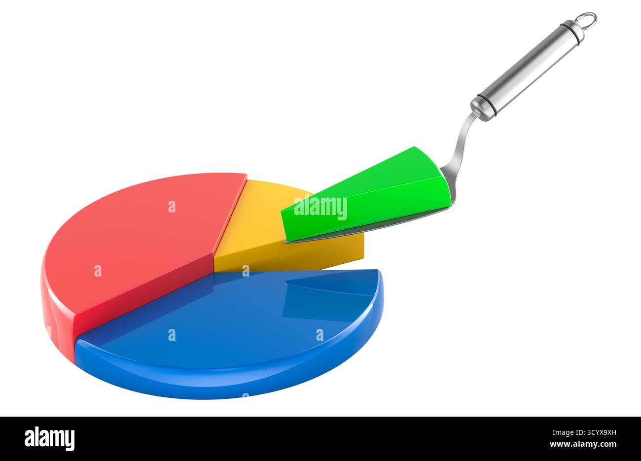 Diagramme circulaire coloré avec tranche et spatule. Rendu 3D isolé sur fond blanc Banque D'Images