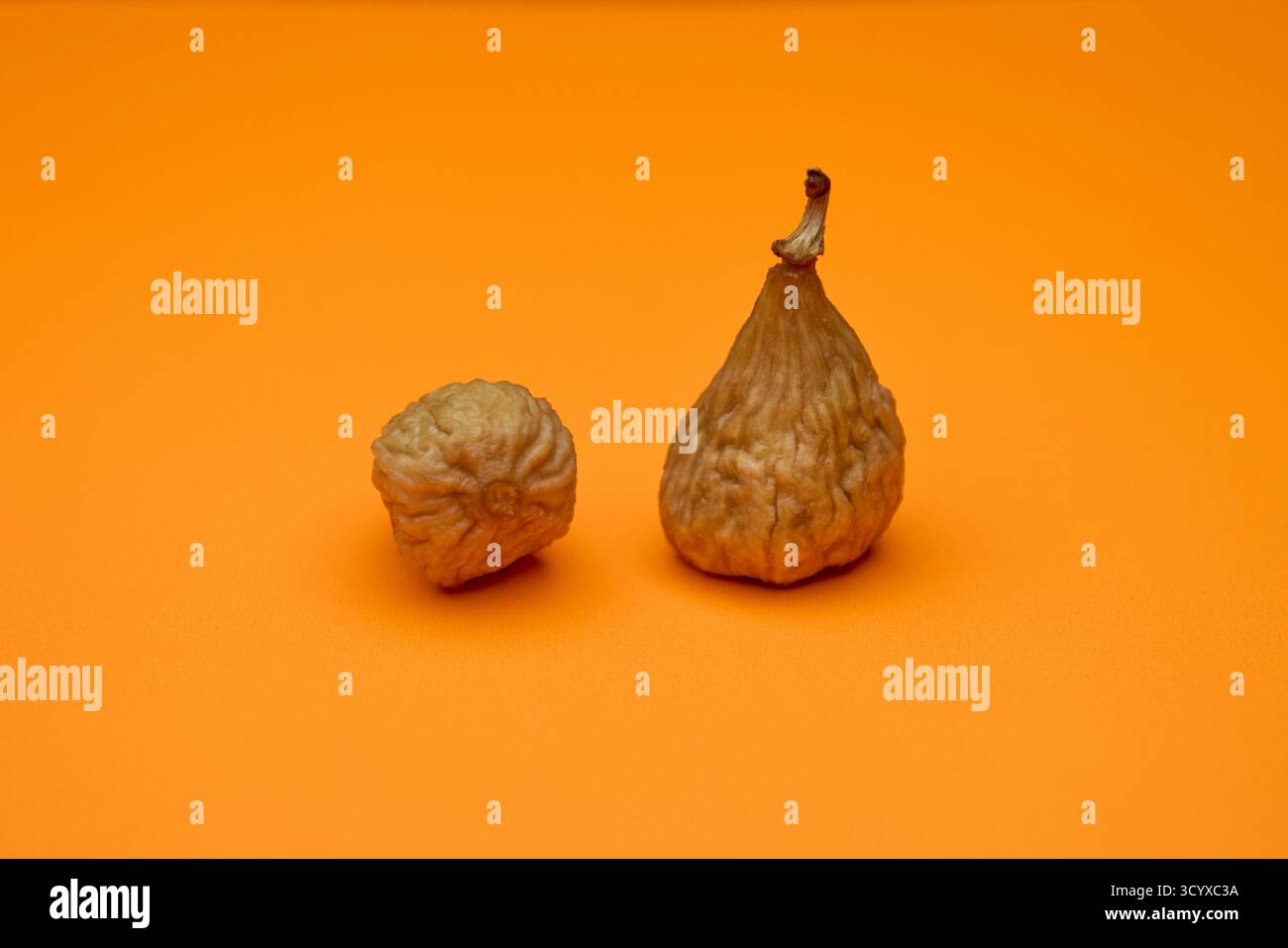 Plan studio de deux figues séchées sur fond orange vif. Textures naturelles de fruits secs mis en valeur par un design coloré idéal pour la santé et le bien-être Banque D'Images