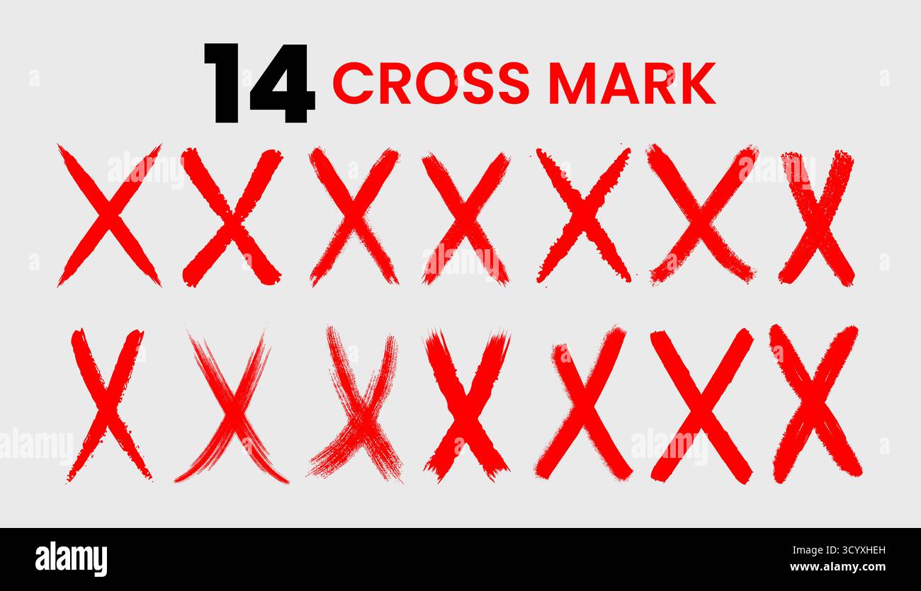 Ensemble de quatorze marques de croix rouge avec style de coup de pinceau dessiné à la main. Symboles Vector X parfaits pour les icônes d'erreur, les éléments de conception ou les graphiques d'avertissement. Illustration de Vecteur
