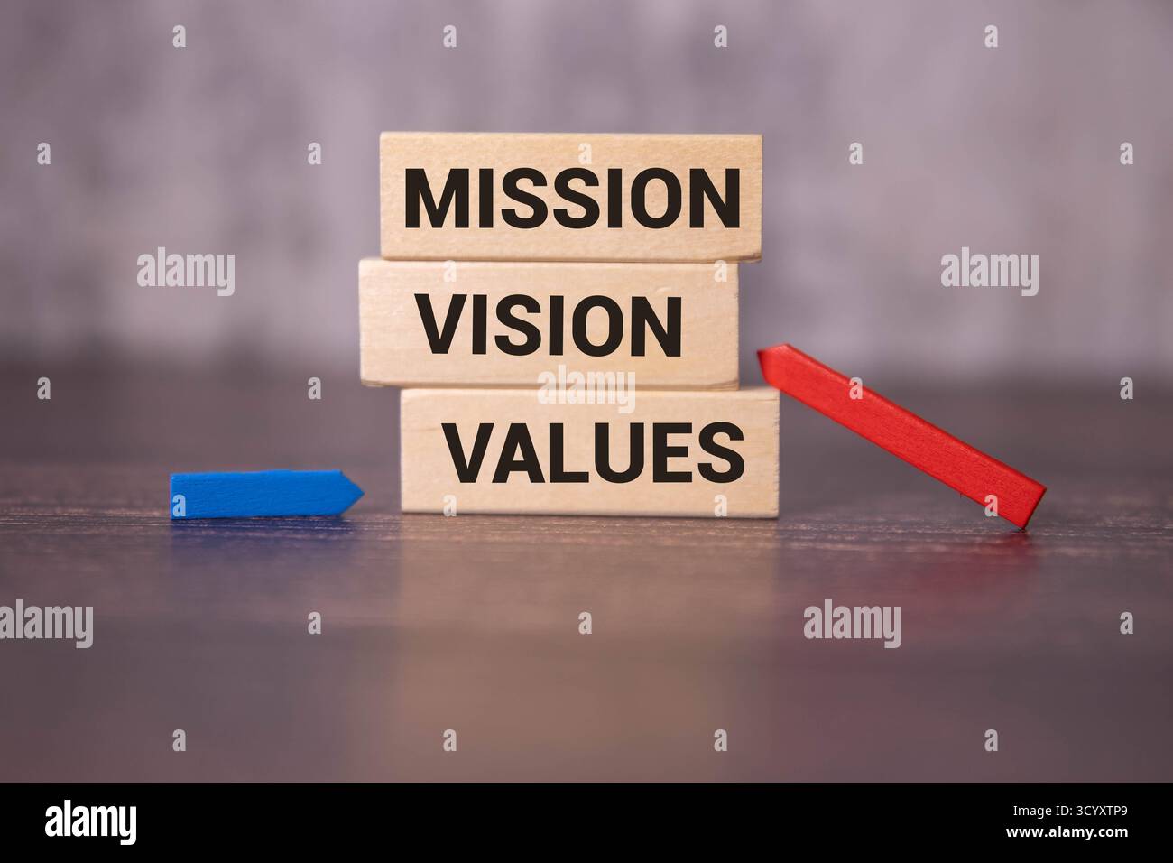 Vision valeurs de Mission, texte de citation écrit sur bloc de bois, concept d'inspiration de motivation d'entreprise Banque D'Images