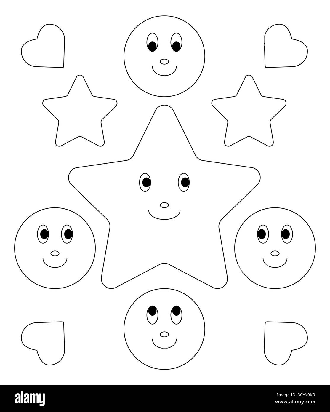 Le cercle d'étoile souriant et les formes de coeur dessinent le contour pour les enfants coloriant la page de livre illustration vectorielle ludique Illustration de Vecteur