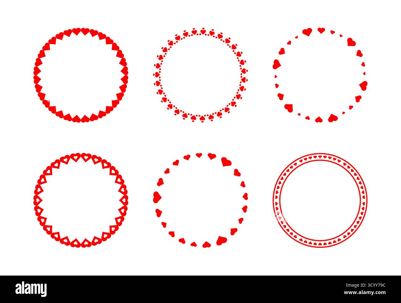 Ensemble de vecteurs décoratifs de cadres de cercle de coeur rouge. Parfait pour la Saint-Valentin, les cartes romantiques, les invitations de mariage et la conception graphique sur le thème de l'amour Illustration de Vecteur