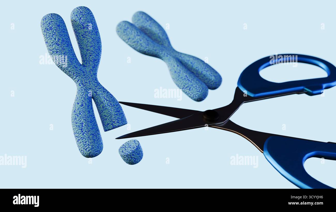 Illustration 3d de ciseaux et de chromosomes coupés en arrière-plan lumineux Banque D'Images