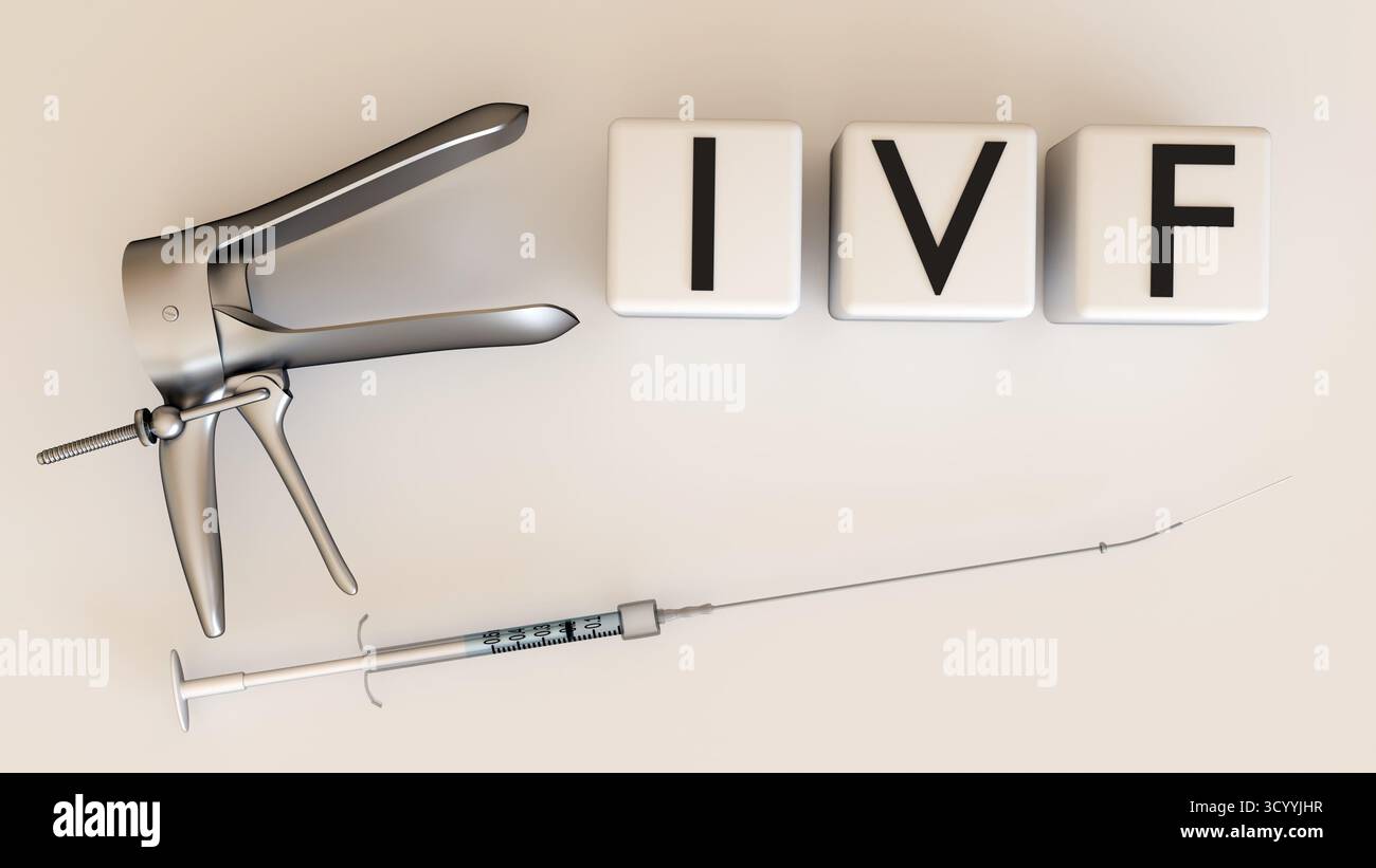 Illustration 3d d'un spéculum et d'une seringue avec les lettres 'IVF' in-vitro-fécondation. Banque D'Images