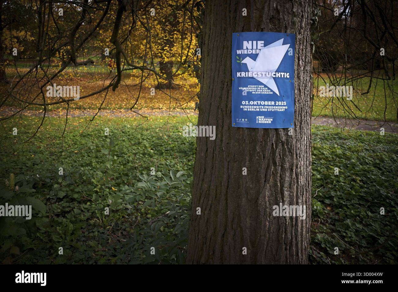Affiche sur un tronc d'arbre, appel à une manifestation contre la guerre, manifestation de paix, colombe de paix, jour de l'unité allemande, feuilles d'automne, feuilles, cimetière principal, au Banque D'Images Affiche sur un tronc d'arbre, appel à une manifestation contre la guerre, manifestation de paix, colombe de paix, jour de l'unité allemande, feuilles d'automne, feuilles, cimetière principal, au Banque D'Images