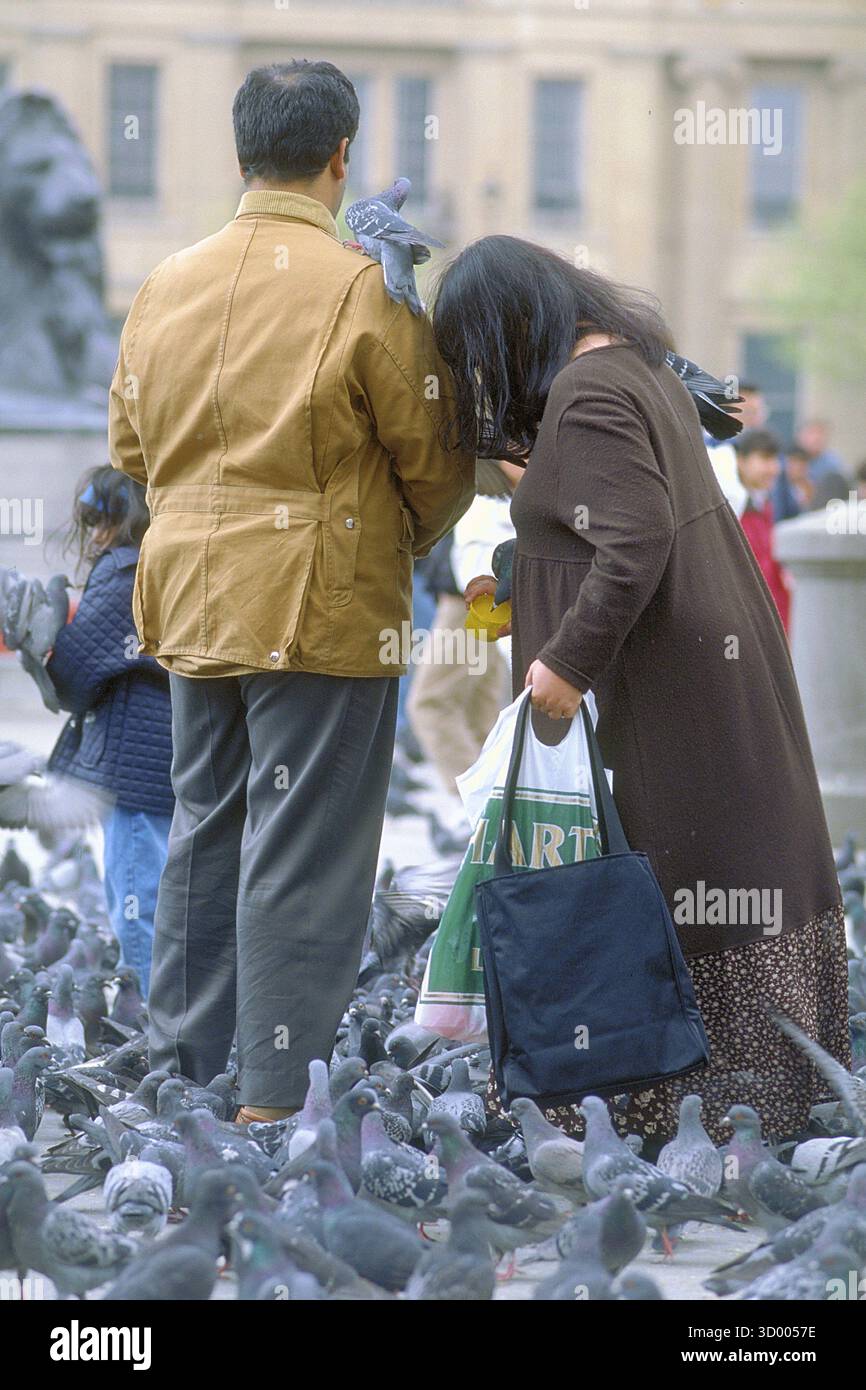 Homme et femme entourés de pigeons (Columba Livia domestica), Trafalgar Square, Londres, Angleterre, Grande-Bretagne Banque D'Images
