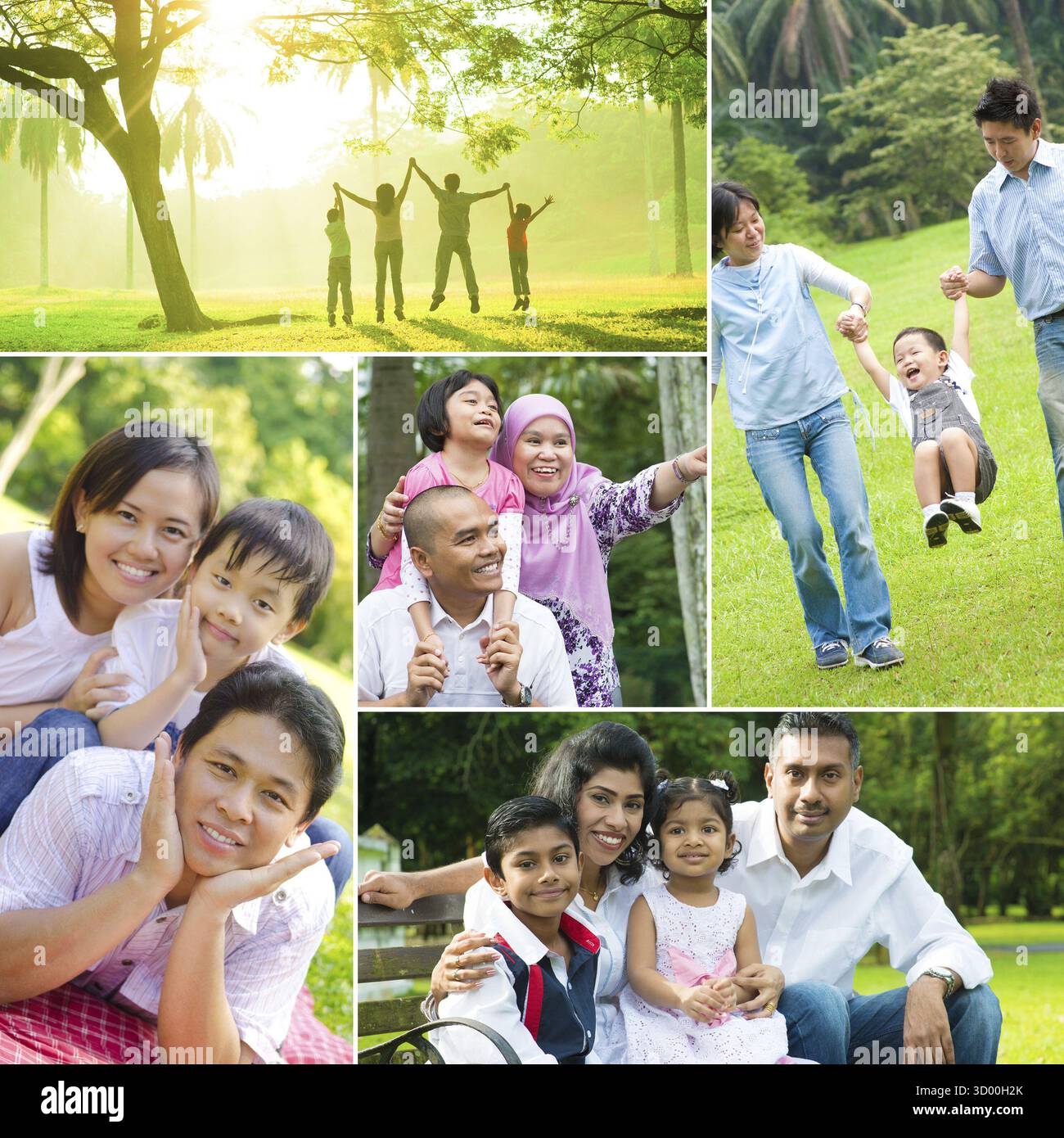 Photo collée d'une famille mixte s'amusant au parc extérieur. Toutes les photos m'appartiennent Banque D'Images