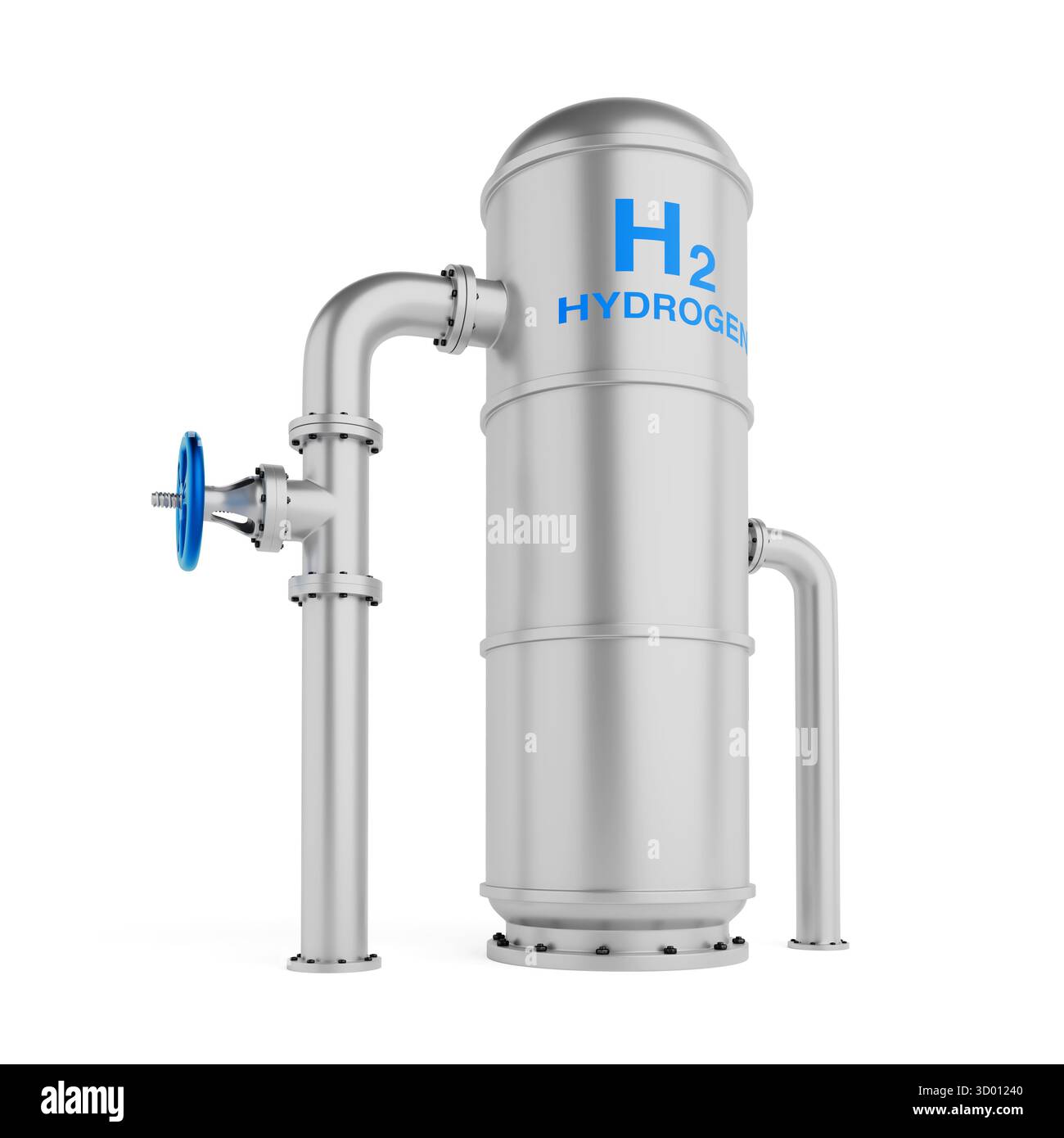 Concept de stockage d'énergie hydrogène. Réservoir d'hydrogène industriel métallique avec valve sur fond blanc. Rendu 3D. Banque D'Images