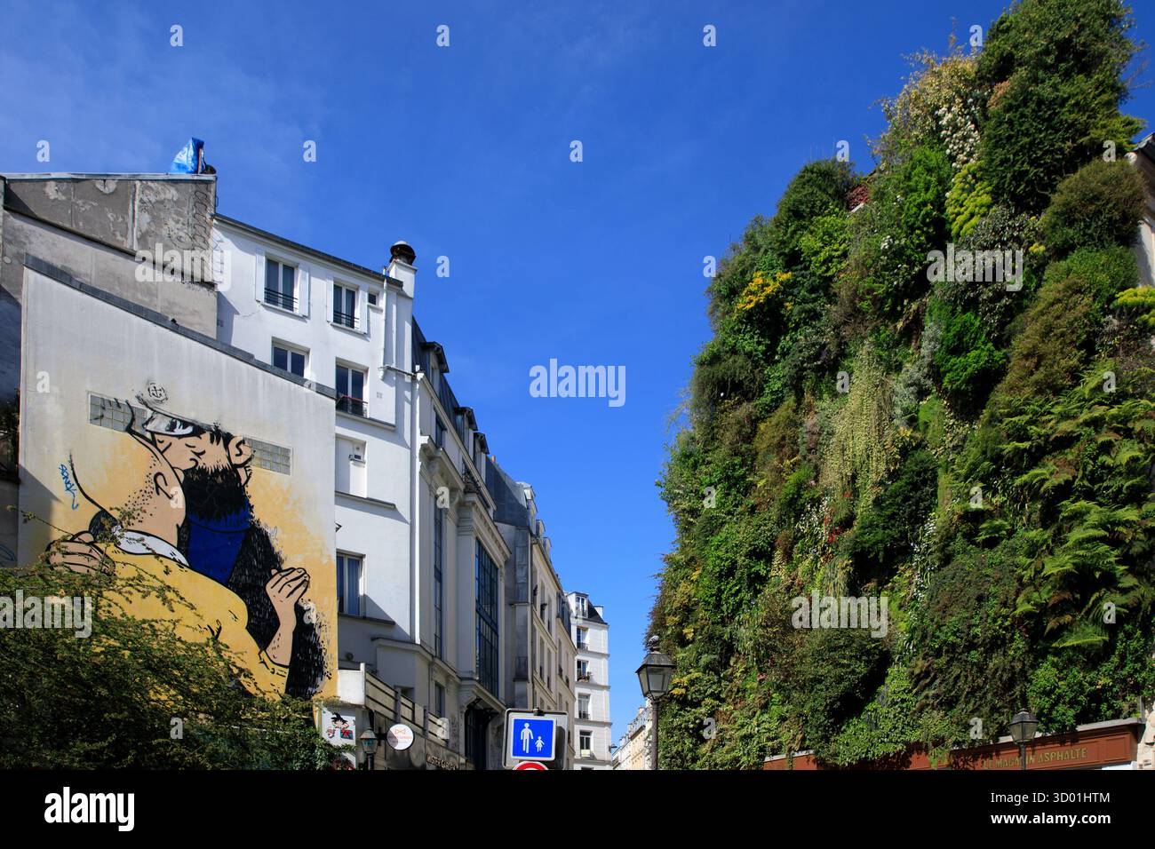 France, région Ile de France, Paris 2ème arrondissement, rue d'Aboukir, rue des petits carreaux, le mur végétal L'Oasis d'Aboukir et mur peint avec Tintin embrassant le capitaine Haddock, par l'artiste de rue Combo, 2018 Banque D'Images