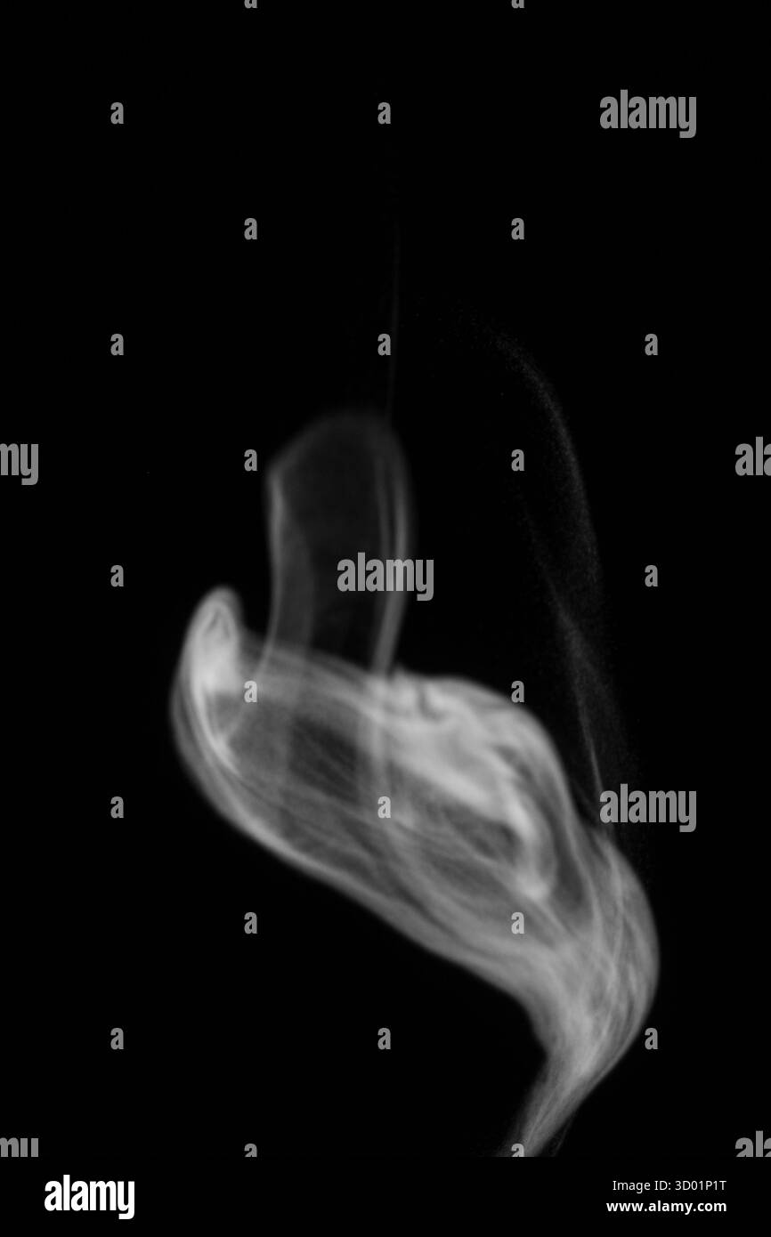 Vue rapprochée de la vapeur d'eau blanche avec pulvérisation de l'humidificateur. Isolé sur fond noir. fumée de vapeur sur fond noir. Fumée blanche fantaisie. Banque D'Images