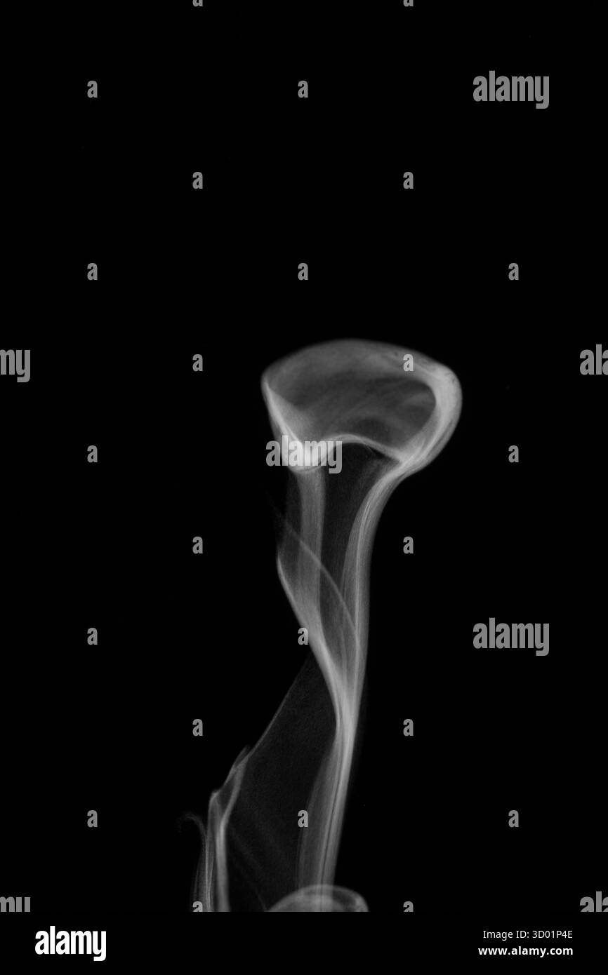 Vue rapprochée de la vapeur d'eau blanche avec pulvérisation de l'humidificateur. Isolé sur fond noir. fumée de vapeur sur fond noir. Fumée blanche fantaisie. Banque D'Images