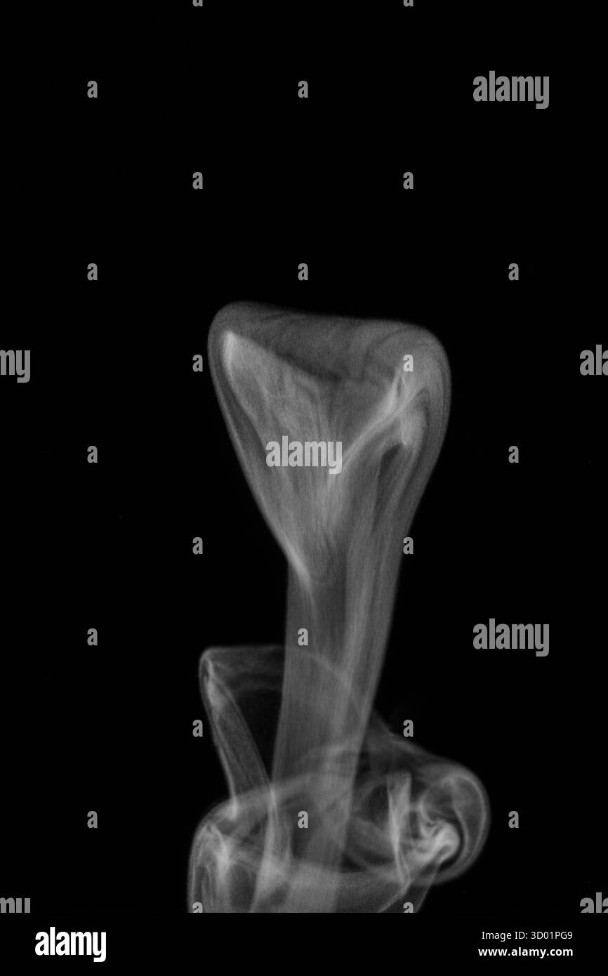 Vue rapprochée de la vapeur d'eau blanche avec pulvérisation de l'humidificateur. Isolé sur fond noir. fumée de vapeur sur fond noir. Fumée blanche fantaisie. Banque D'Images