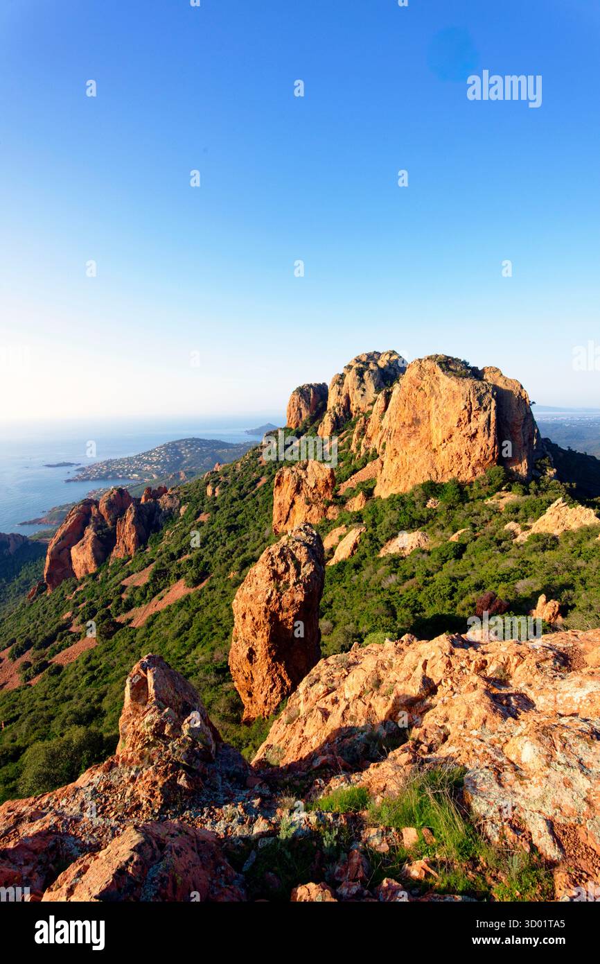France, Var, Saint Raphaël, ville Agay de Saint Raphaël, massif de l'Estérel, randonnée au Cap Roux, sommet du Pilon (404m) depuis le col du Cap Roux, littoral de la corniche de l'Estérel, crique de l'Anthéor et Cap du Dramont en arrière-plan Banque D'Images