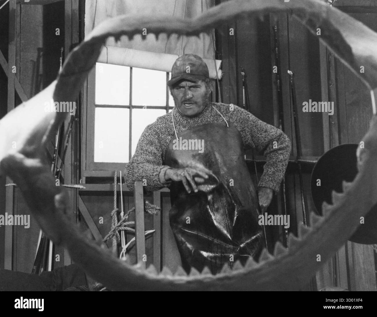 JAWS 1975 Universal Pictures film avec Robert Shaw dans le rôle du pêcheur obsédé par les requins Herman Quint Banque D'Images