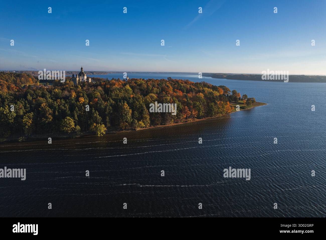 Vue aérienne large du complexe du monastère de Pazaislis niché dans la forêt d'automne à côté de l'immense réservoir de Kaunas sous un ciel bleu clair. ph de haute qualité Banque D'Images