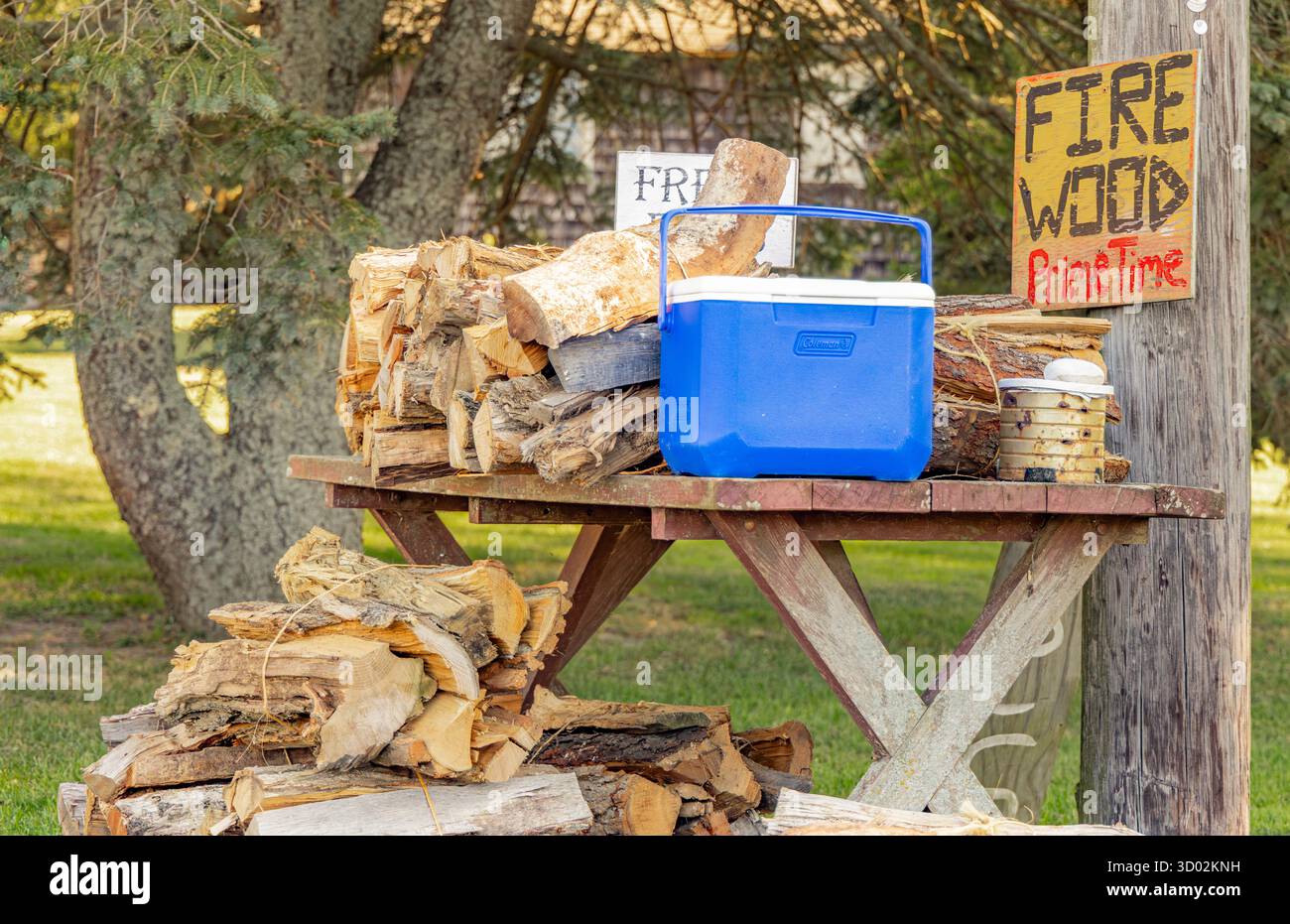 simple stand de ferme dans sagaponack vendant des œufs de ferme frais et du bois de chauffage Banque D'Images