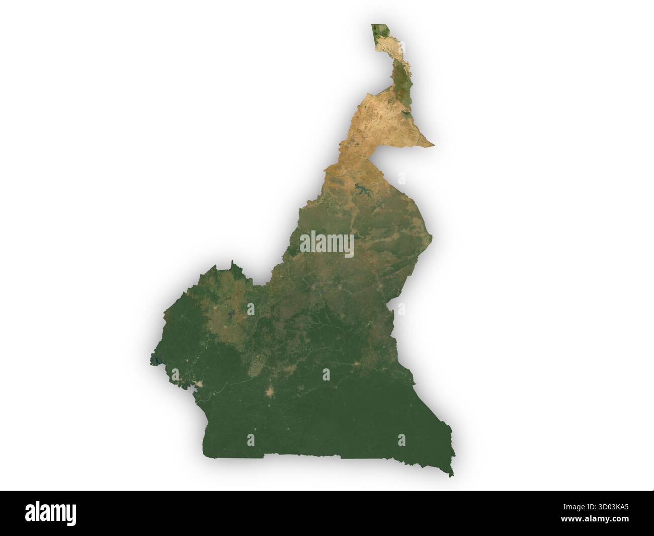 Carte réaliste du Cameroun vu de l'espace découpé sur fond blanc. Éléments de cette image fournis par l'ESA. Banque D'Images