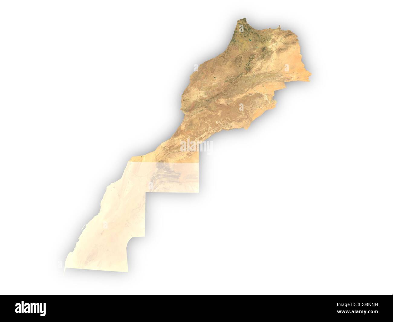 Carte réaliste du Maroc vu de l'espace découpé sur fond blanc. Éléments de cette image fournis par l'ESA. Banque D'Images