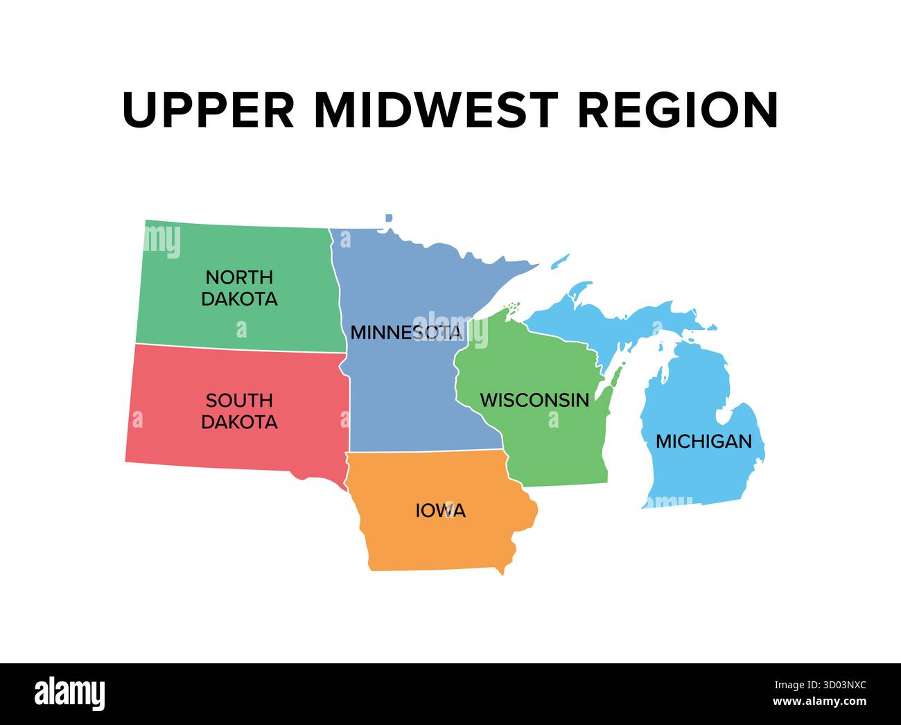 Upper Midwest, région des États-Unis, carte. Sous-région nord du Midwest des États-Unis. Banque D'Images