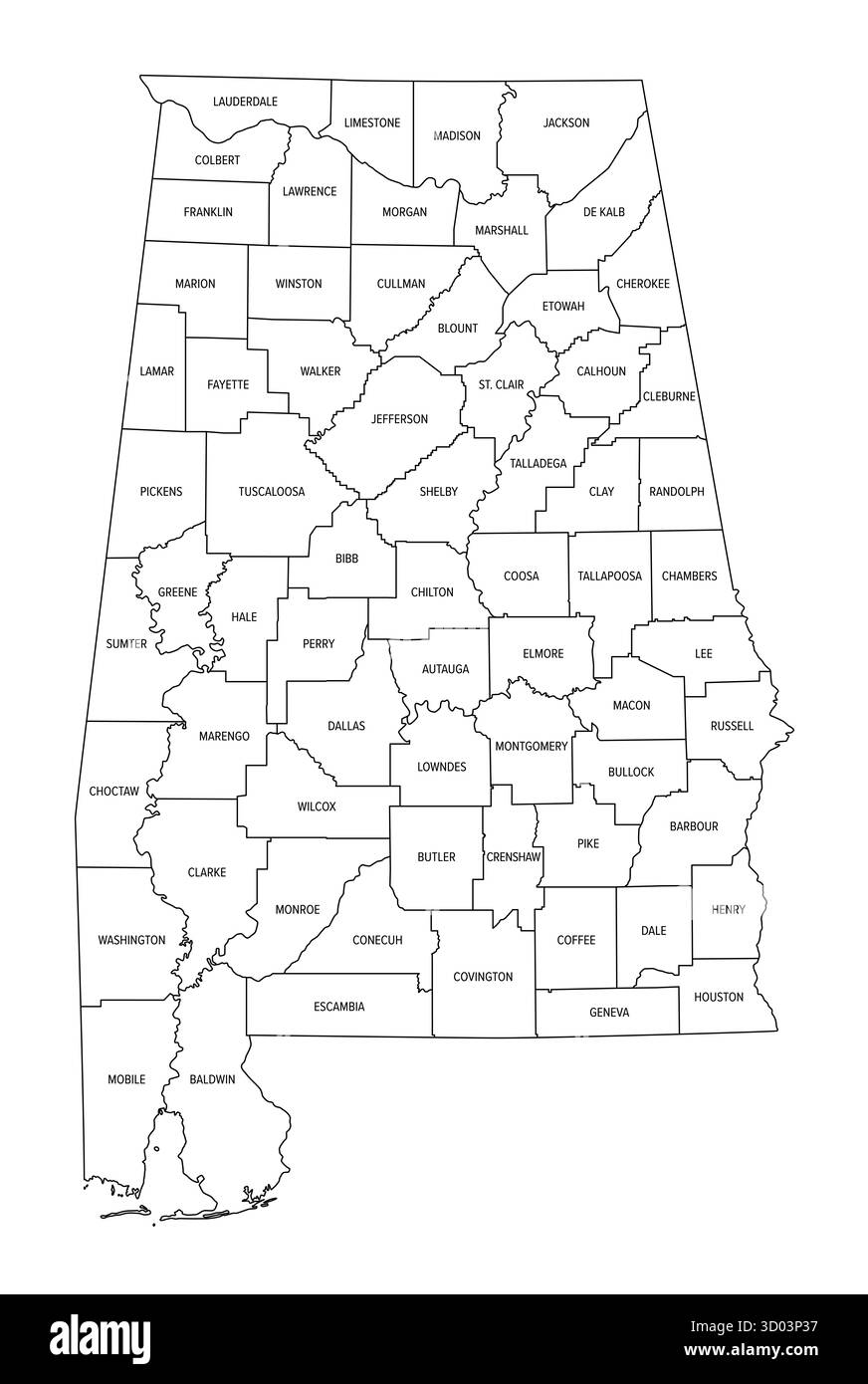 État de l'Alabama, subdivisé en 67 comtés, carte de contour avec les frontières et les noms des comtés. État dans la région sud-est des États-Unis. Banque D'Images