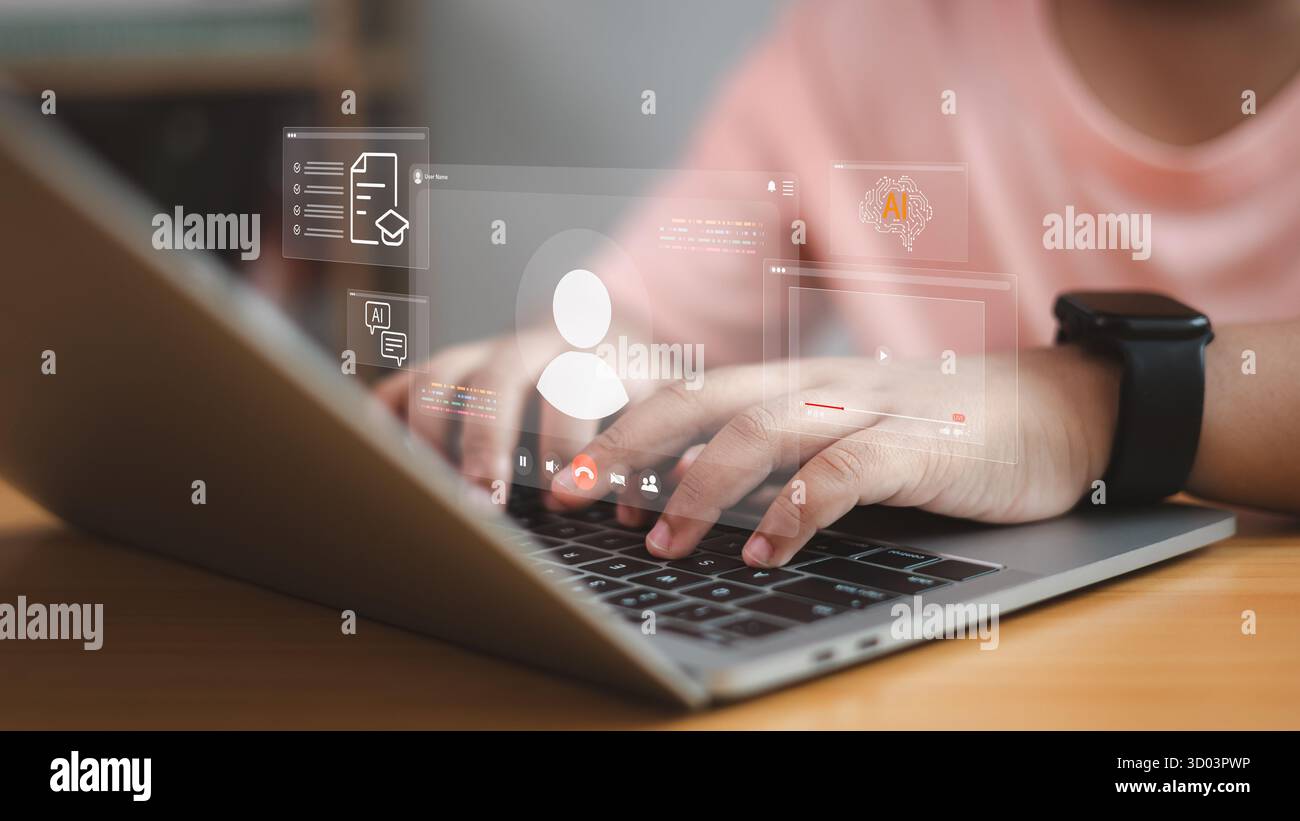 Intelligence artificielle moderne et concept d'apprentissage en ligne. Personne tapant sur ordinateur portable avec IA virtuelle, éducation et icônes de communication représentant d Banque D'Images