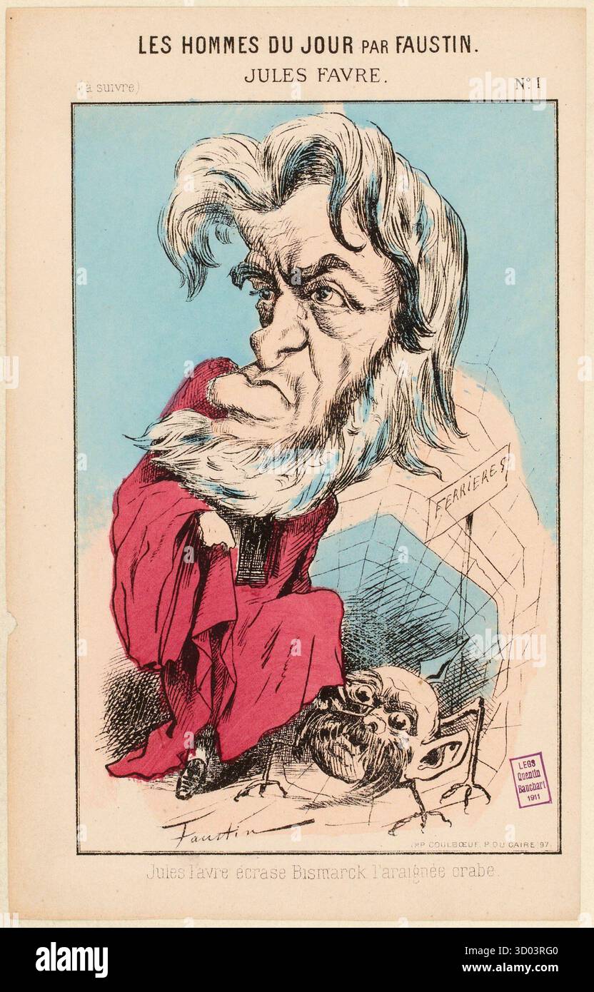 Les hommes du jour par Faustin, no 1 – Jules Favre, vers 1871, caricature satirique de Faustin Betbeder représentant l’homme d’État français Jules Favre écrasant Otto von Bismarck dépeint comme une araignée, un commentaire politique publié pendant la guerre franco-prussienne. Banque D'Images