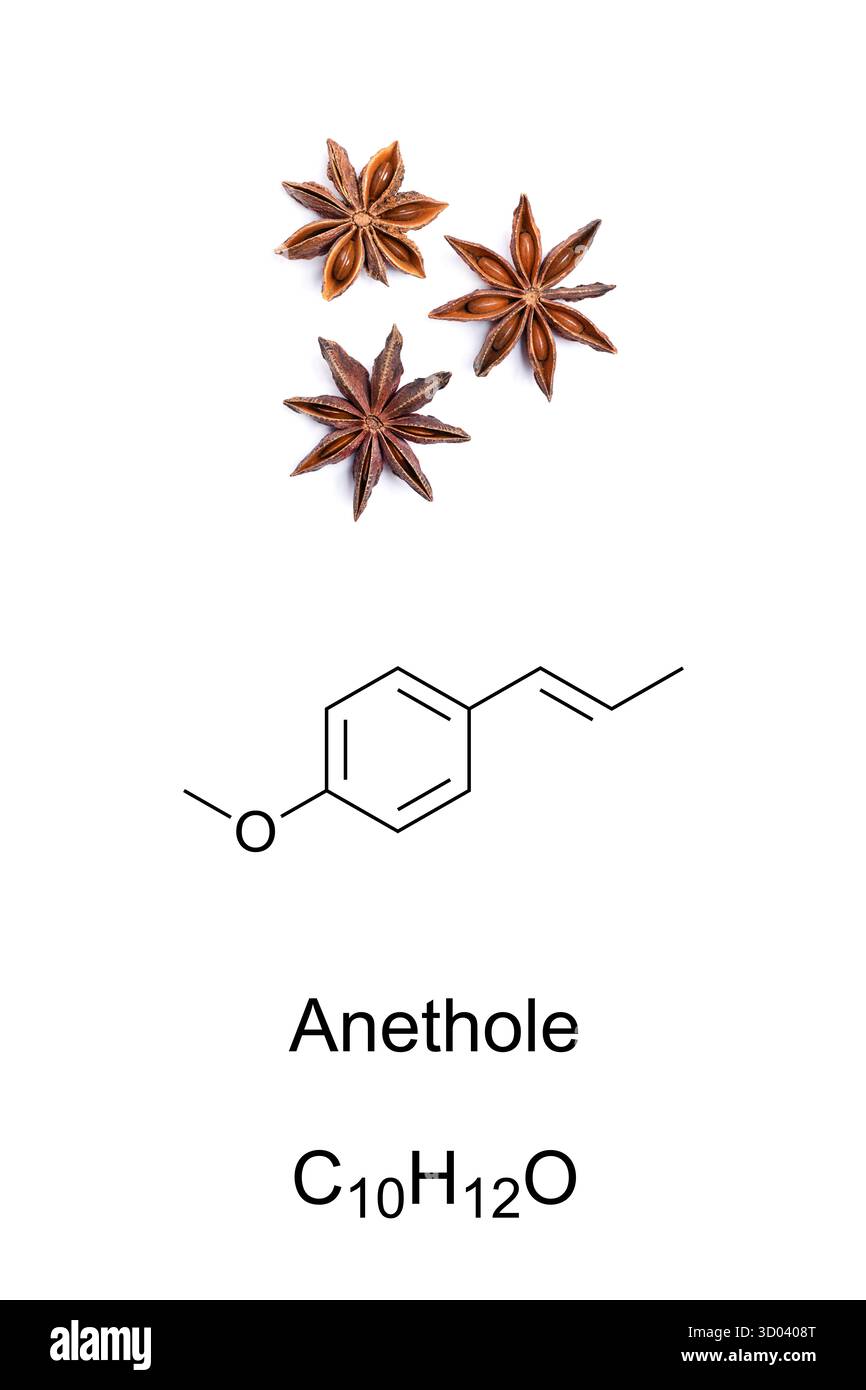 Fruits de l'anis étoilé, et anéthole, formule chimique et structure moléculaire. Trans-anéthole, également anis camphre, un composé aromatique. Banque D'Images
