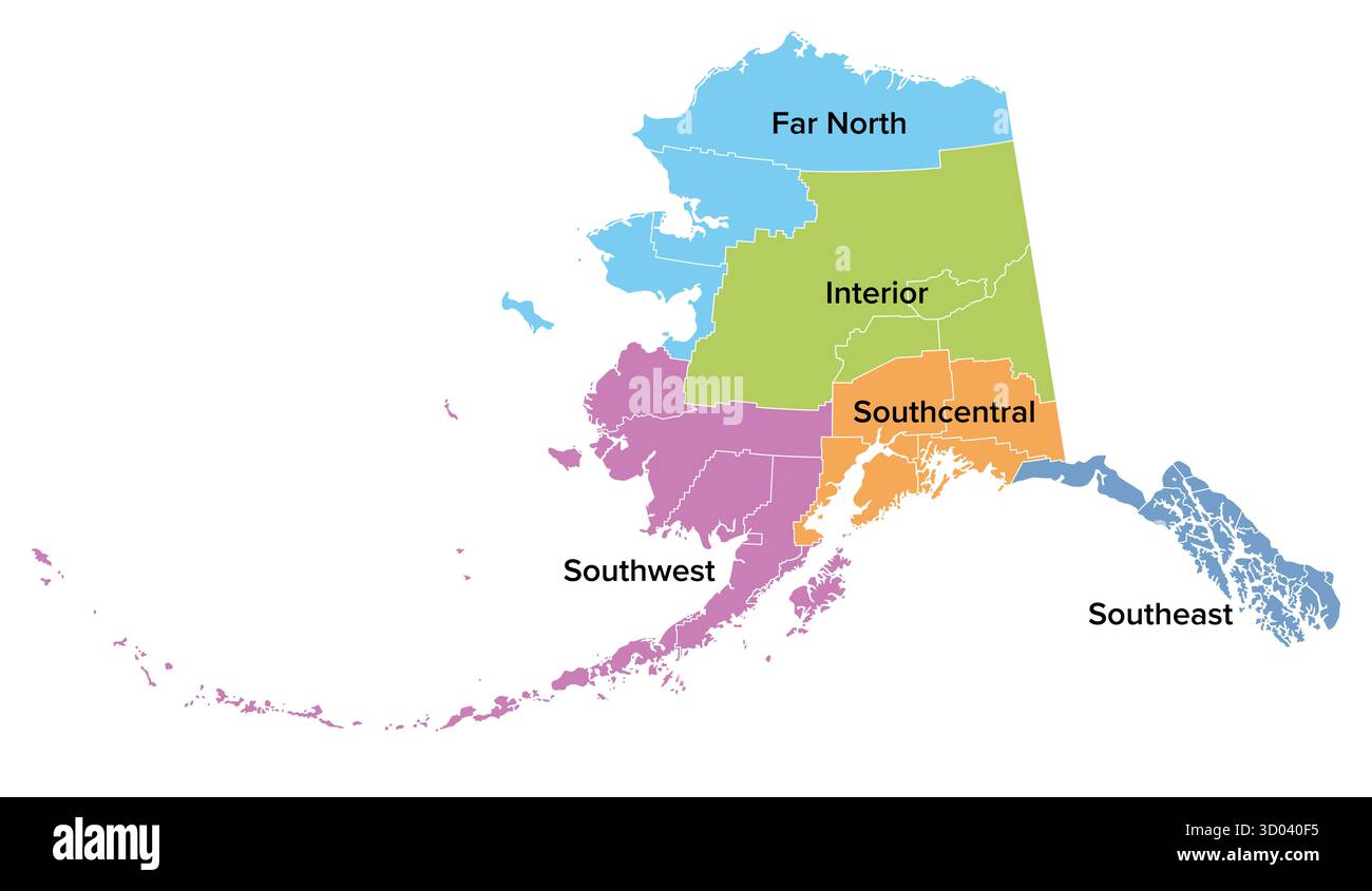 État de l'Alaska, régions, États-Unis, carte politique multicolore. Extrême Nord ou Alaska arctique, intérieur, Sud-Ouest, Sud-est. Banque D'Images