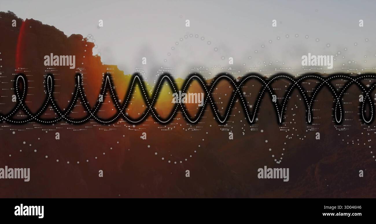 Montrant la crête de montagne au coucher du soleil avec superposition de forme d'onde numérique, boucles de courbe noires et points blancs Banque D'Images