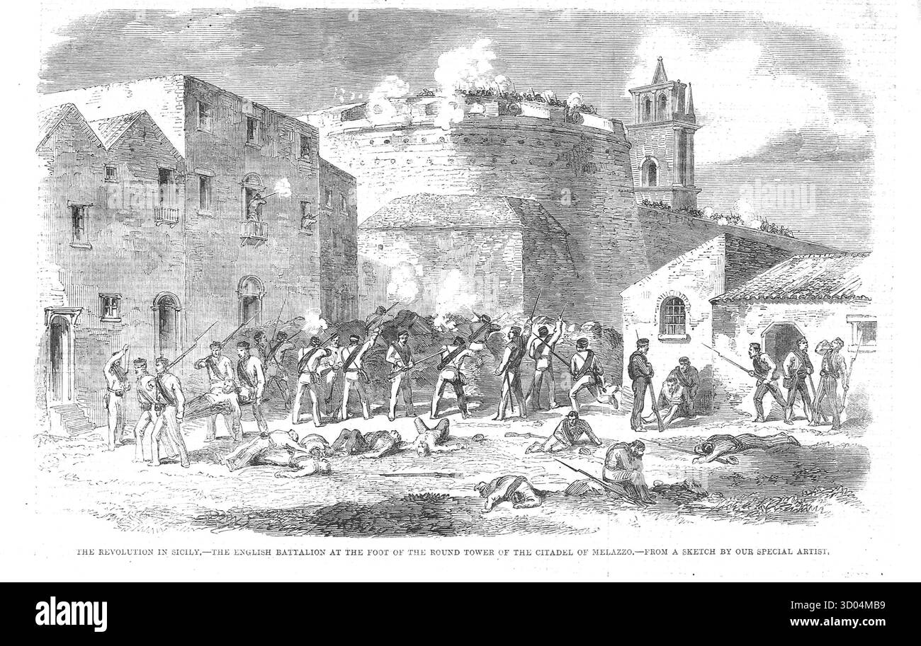 La rébellion en Sicile, le bataillon anglais au pied de la tour ronde de la citadelle de Melazzo. La bataille de Milazzo se déroule entre le 17 et le 24 juillet 1860. Banque D'Images