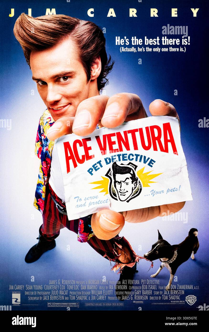 ACE Ventura : Pet Detective (1994) réalisé par Tom Shadyac et mettant en vedette Jim Carrey, Courteney Cox et Sean Young. Un éclaireur excentrique de Miami qui se spécialise dans la recherche d'animaux disparus enquête sur l'enlèvement de la mascotte Snowflake des Dolphins de Miami. Photographie d'une affiche américaine originale de 1994 À USAGE ÉDITORIAL EXCLUSIF. Crédit : BFA / Morgan Creek Entertainment Banque D'Images