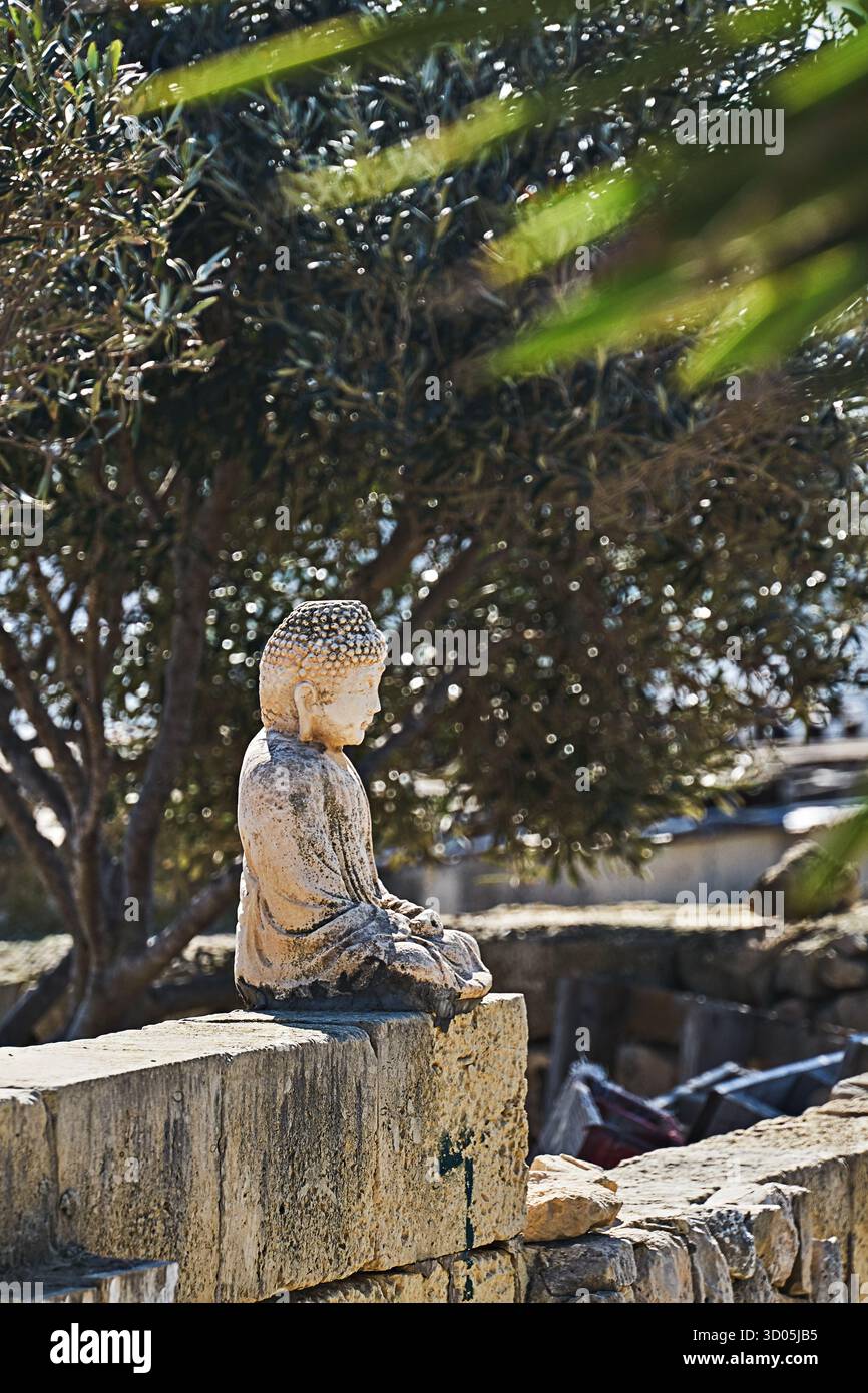Bouddha en pierre altérée assis dans un jardin calme, feuilles et bokeh, lumière chaude du soleil et ombres douces, humeur spirituelle tranquille Banque D'Images